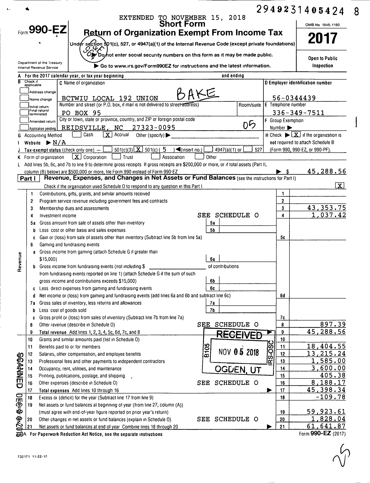 Image of first page of 2017 Form 990EO for Bctwiu Local 192 Union