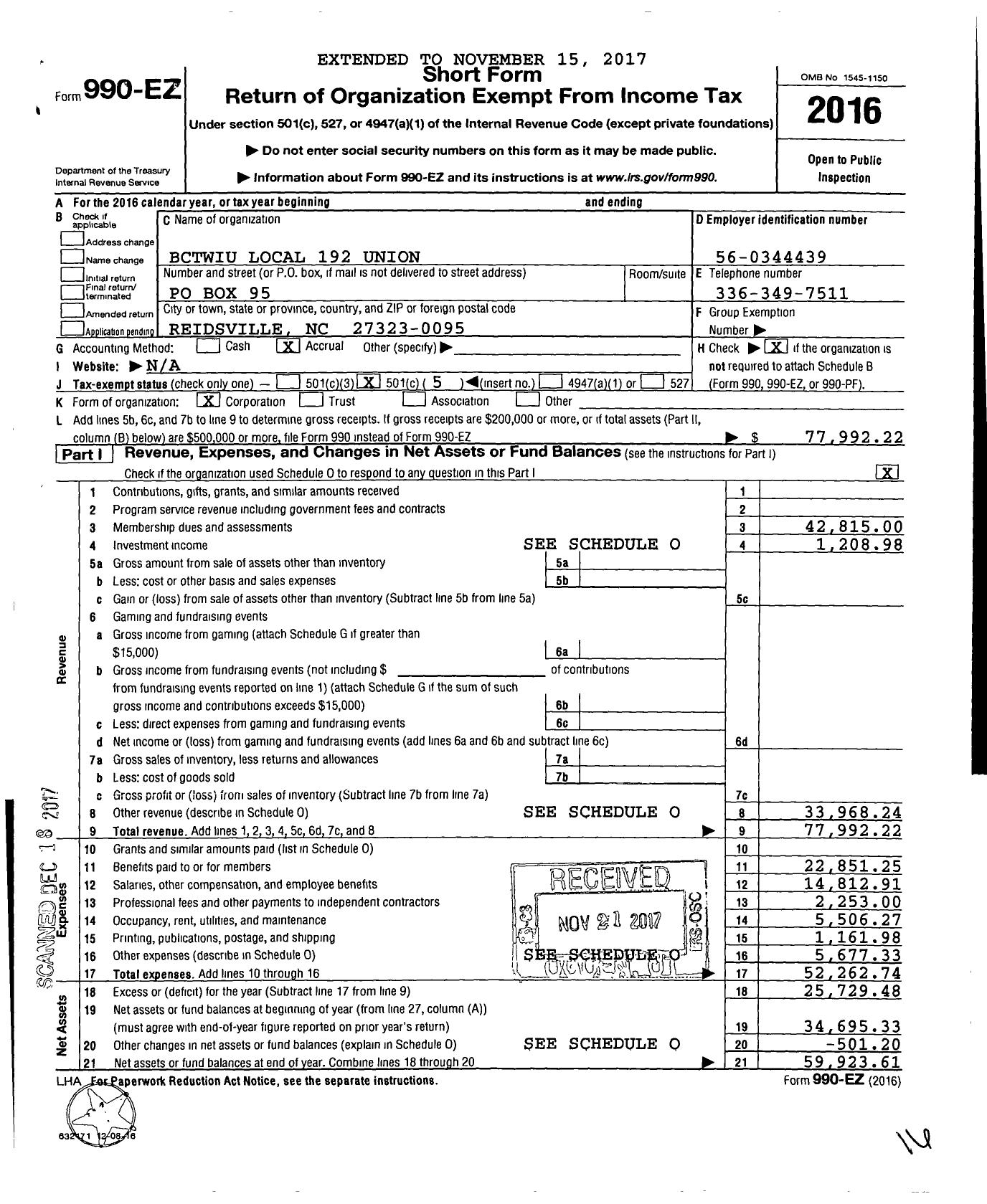 Image of first page of 2016 Form 990EO for Bctwiu Local 192 Union