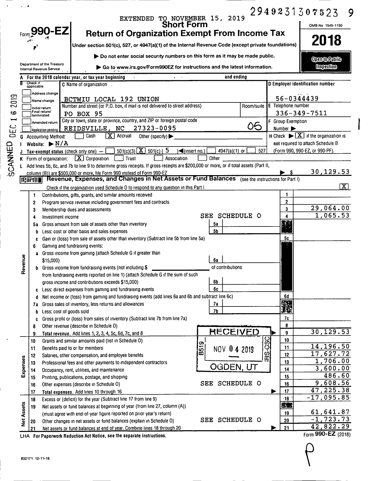 Image of first page of 2018 Form 990EO for Bctwiu Local 192 Union