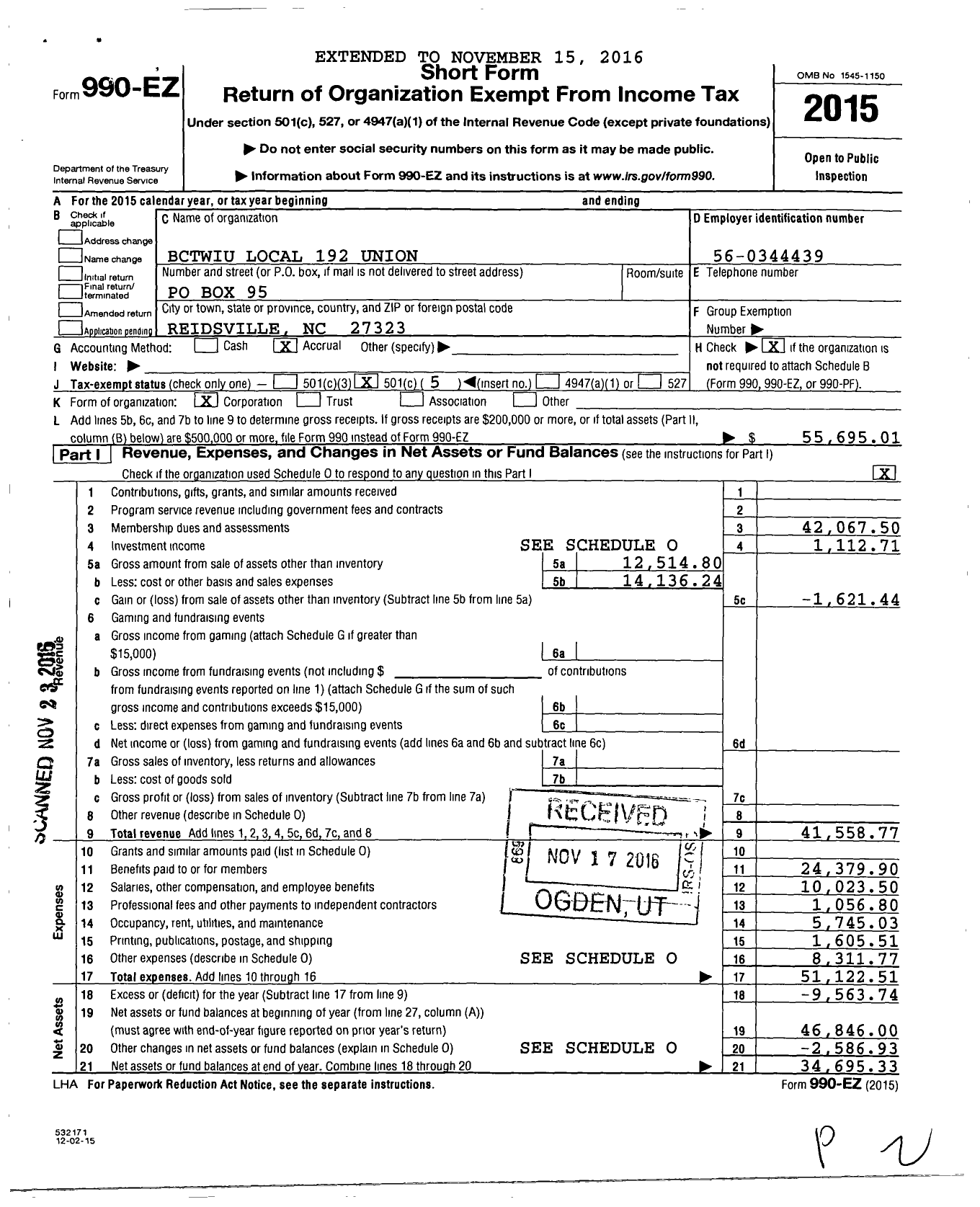 Image of first page of 2015 Form 990EO for Bctwiu Local 192 Union