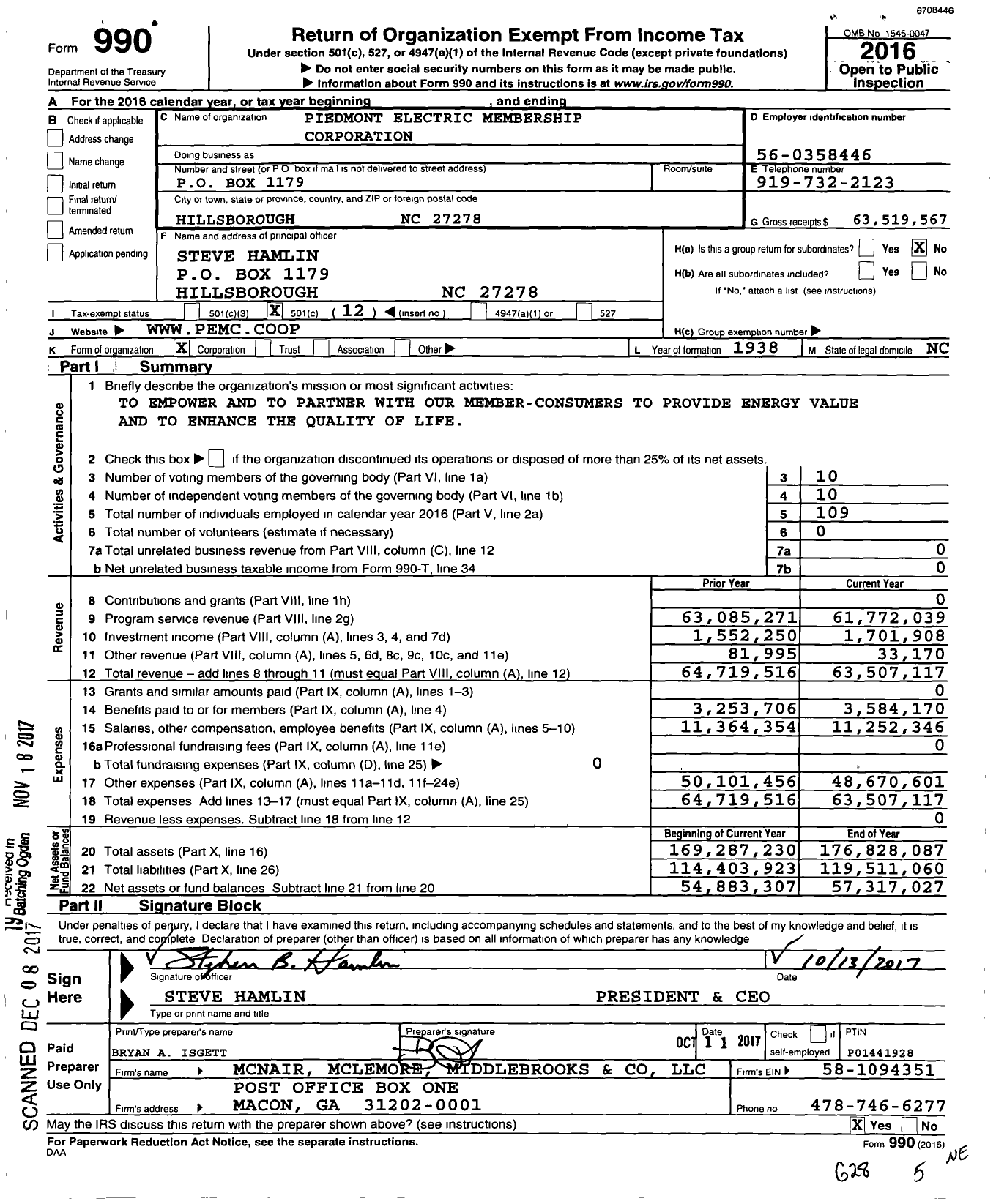 Image of first page of 2016 Form 990O for Piedmont Electric Membership Corporation