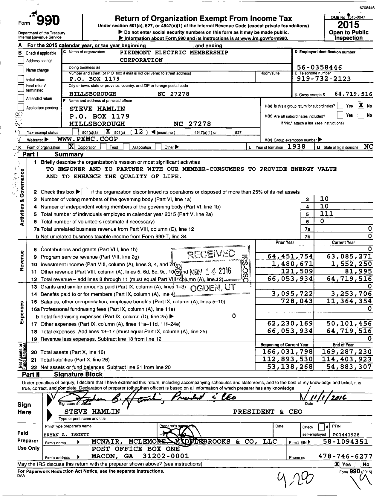Image of first page of 2015 Form 990O for Piedmont Electric Membership Corporation