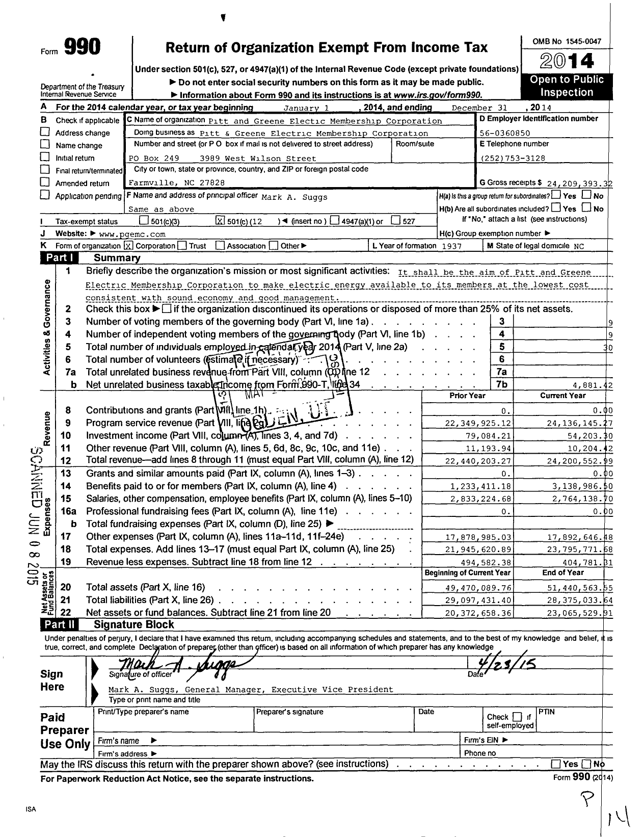 Image of first page of 2014 Form 990O for Pitt and Greene Electric Membership Corporation