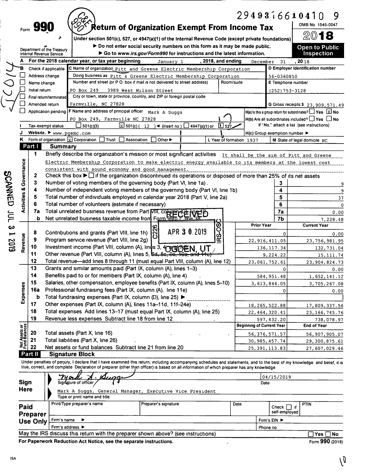 Image of first page of 2018 Form 990O for Pitt and Greene Electric Membership Corporation
