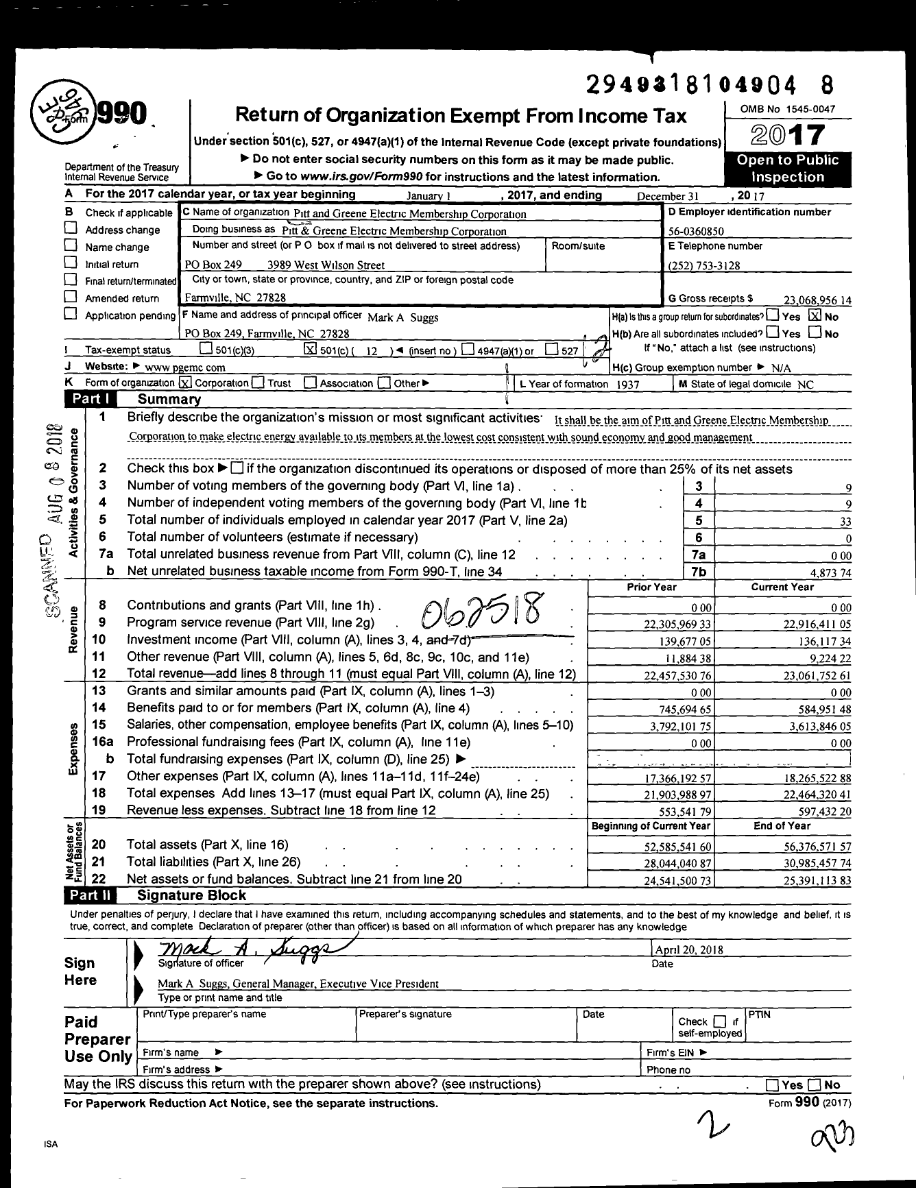 Image of first page of 2017 Form 990O for Pitt and Greene Electric Membership Corporation