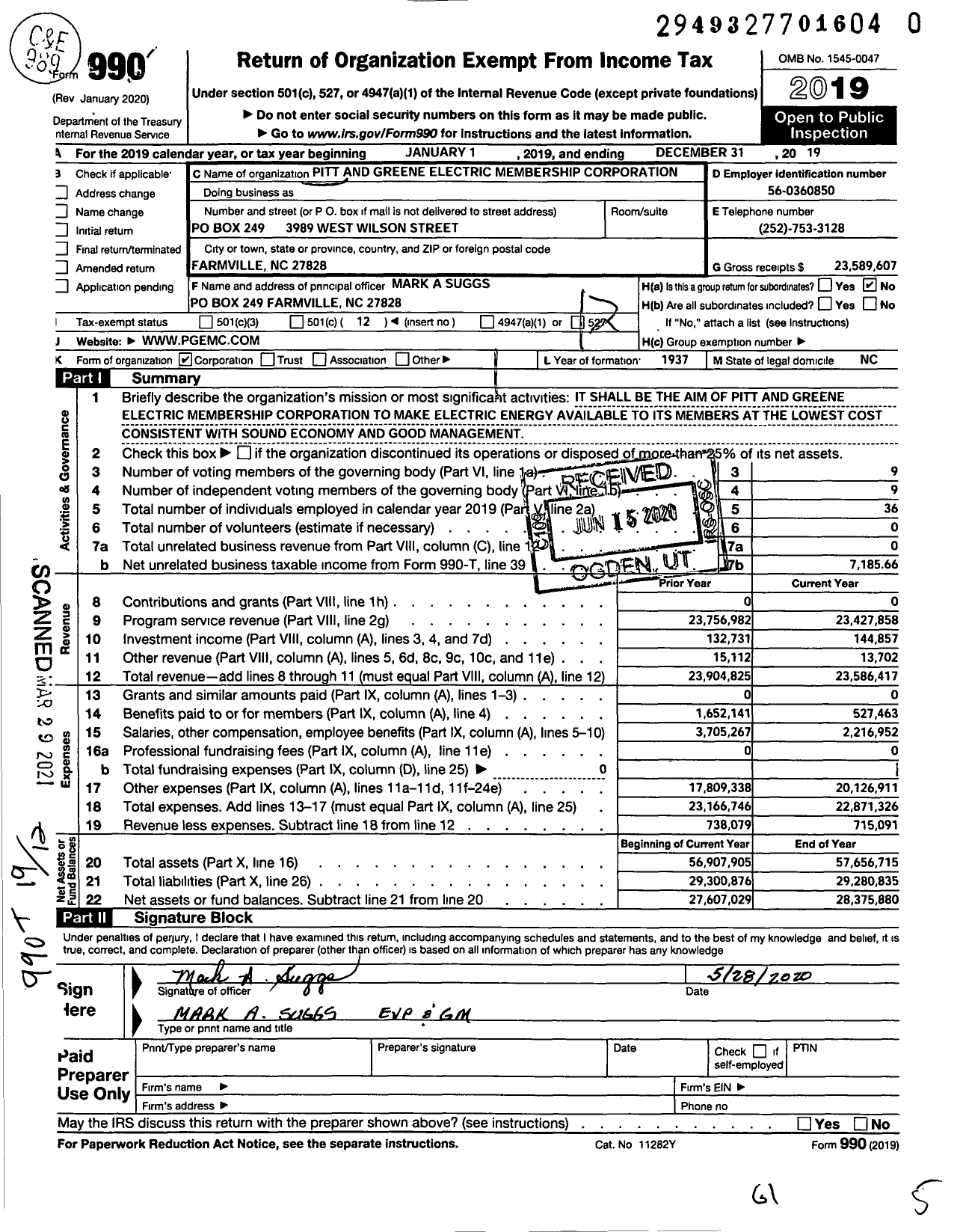 Image of first page of 2019 Form 990O for Pitt and Greene Electric Membership Corporation