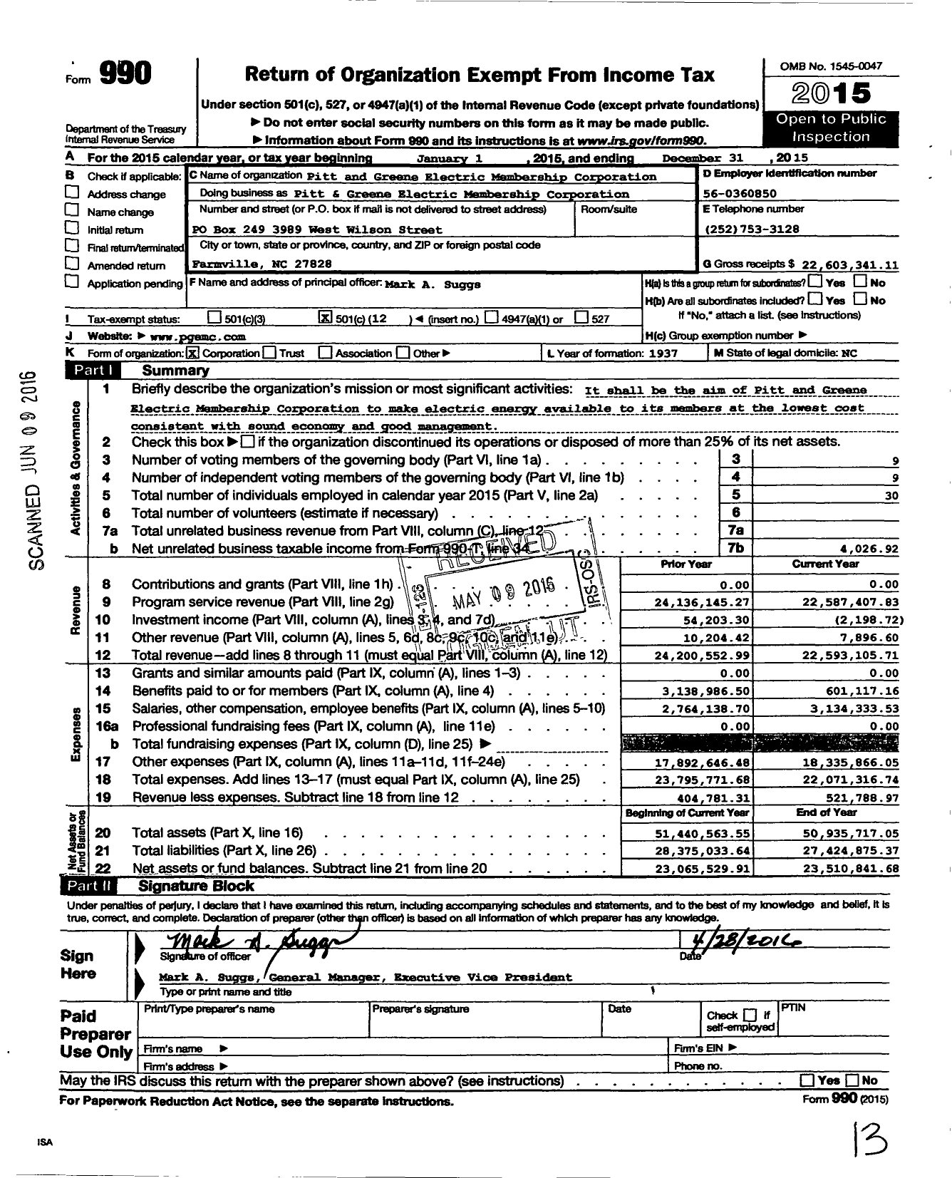 Image of first page of 2015 Form 990O for Pitt and Greene Electric Membership Corporation