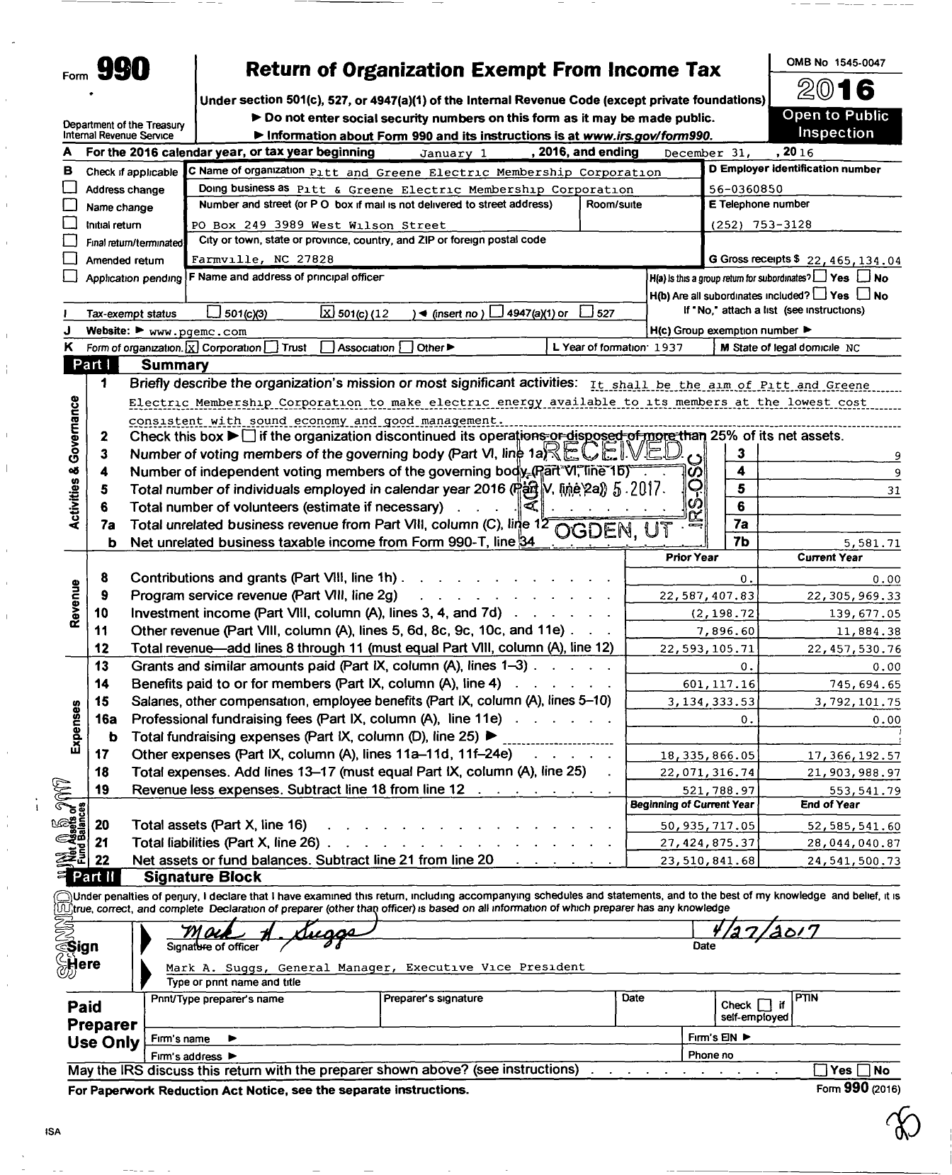 Image of first page of 2016 Form 990O for Pitt and Greene Electric Membership Corporation