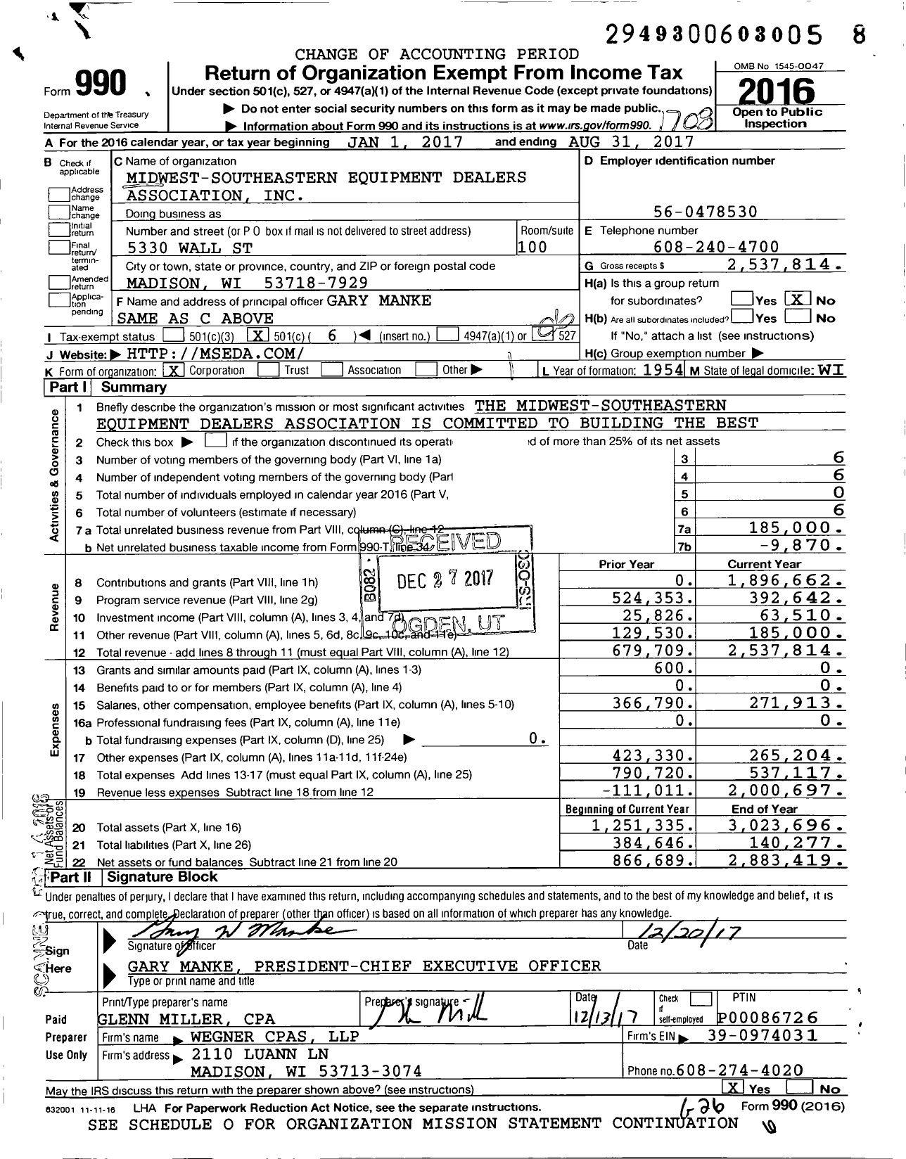 Image of first page of 2016 Form 990O for Midwest-Southeastern Equipment Dealers Association