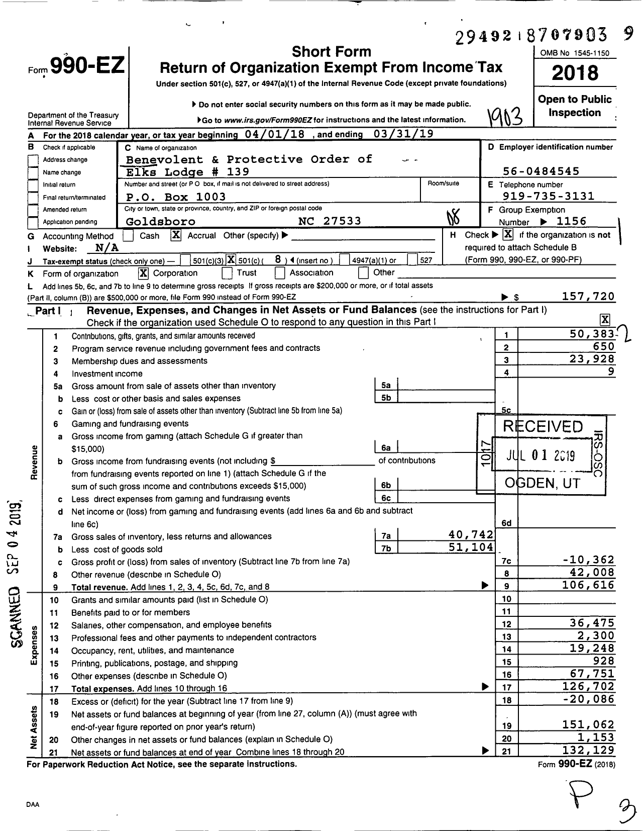 Image of first page of 2018 Form 990EO for Benevolent and Protective Order of Elks - 139 Goldsboro