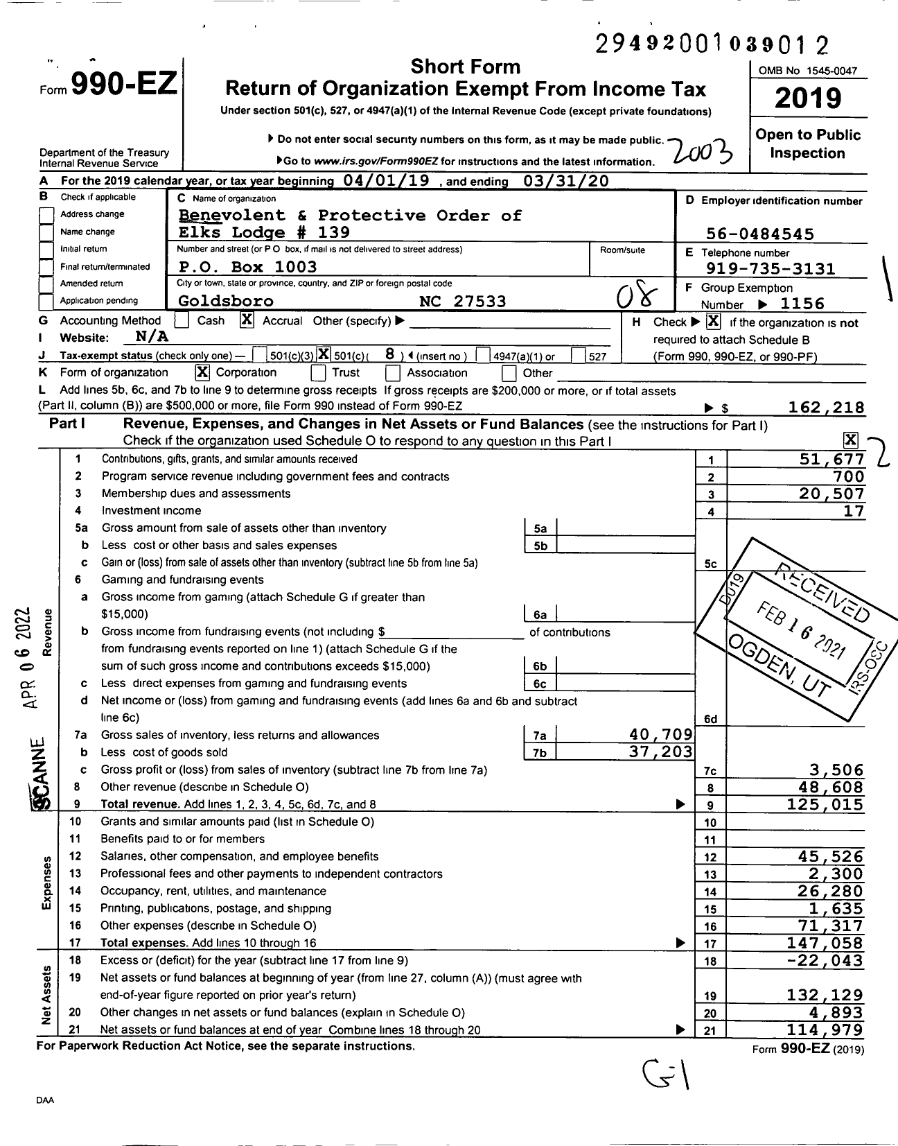 Image of first page of 2019 Form 990EO for Benevolent and Protective Order of Elks - 139 Goldsboro