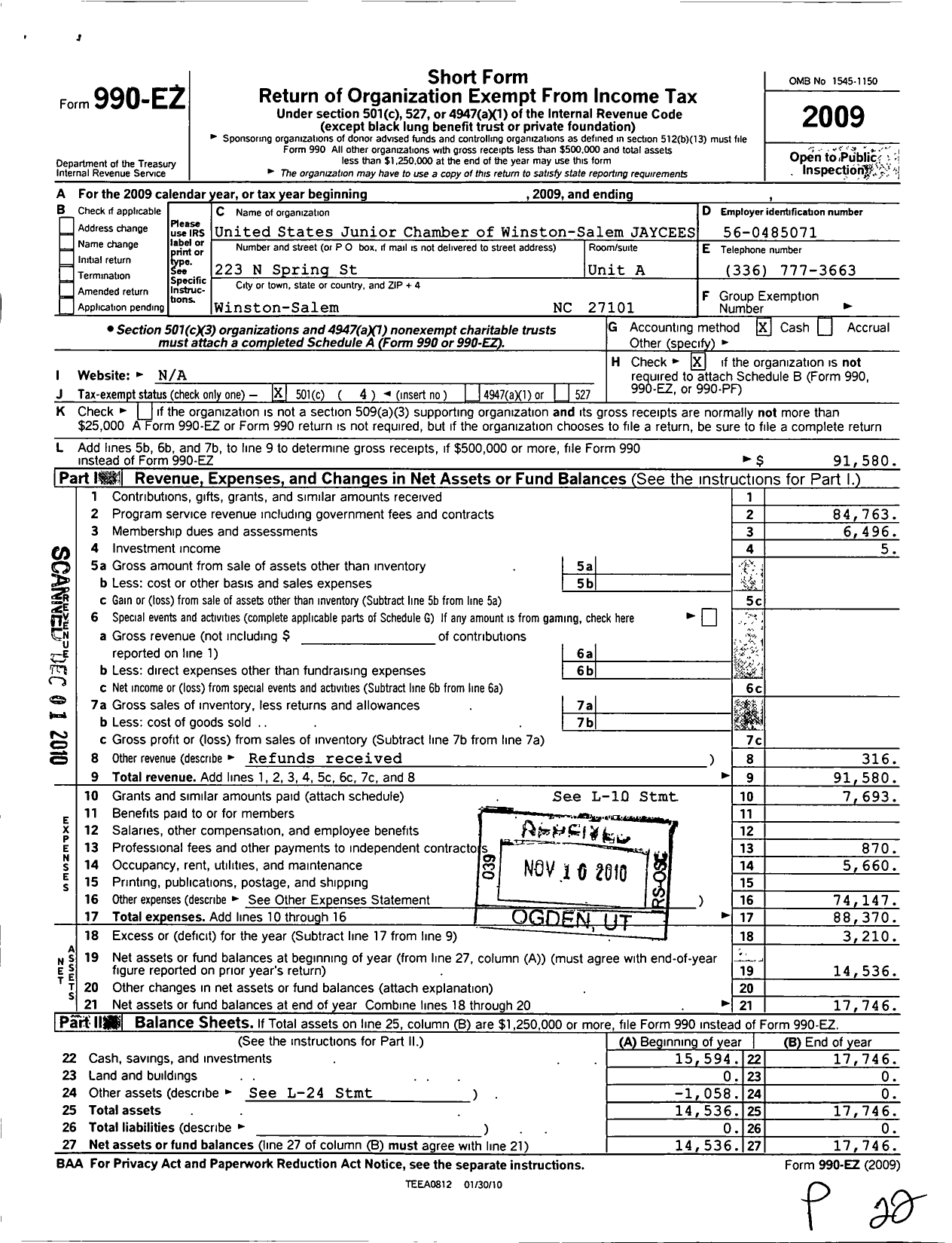 Image of first page of 2009 Form 990EO for United States Junior Chamber of Commerce / Winston Salem Jaycees