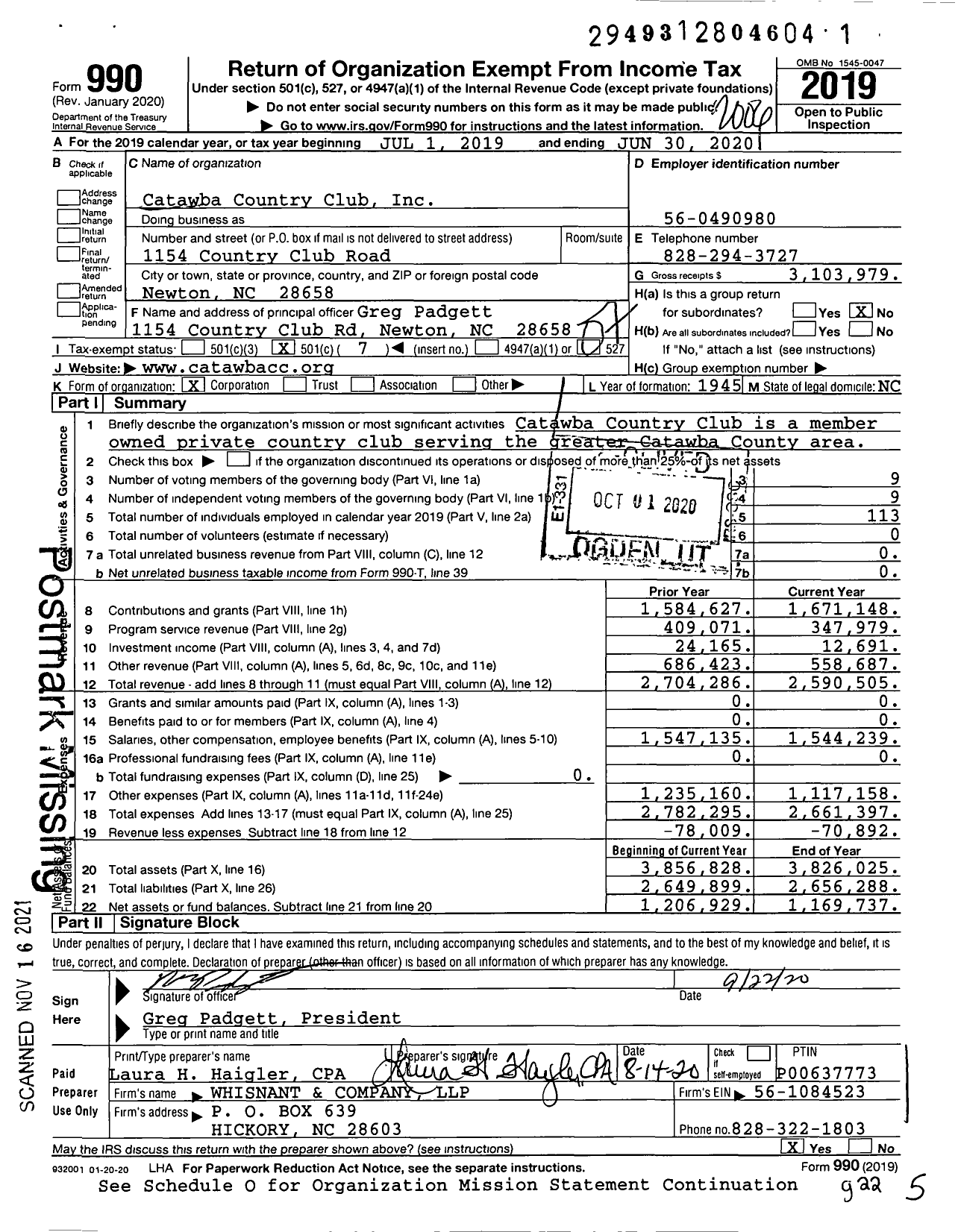 Image of first page of 2019 Form 990O for Catawba Country Club