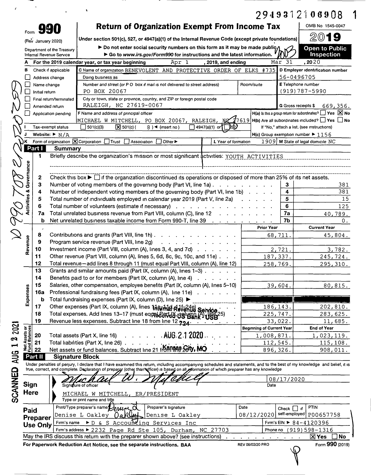 Image of first page of 2019 Form 990O for Benevolent and Protective Order of Elks - 735 Raleigh