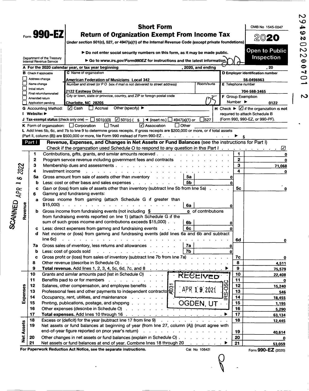 Image of first page of 2020 Form 990EO for American Federation of Musicians - 342 Local Charlotte