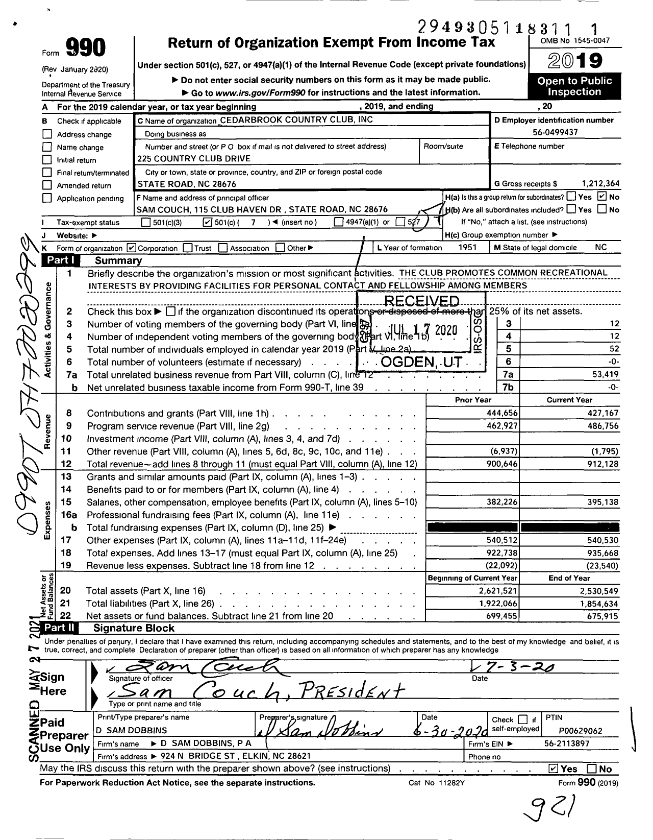 Image of first page of 2019 Form 990O for Cedarbrook Country Club