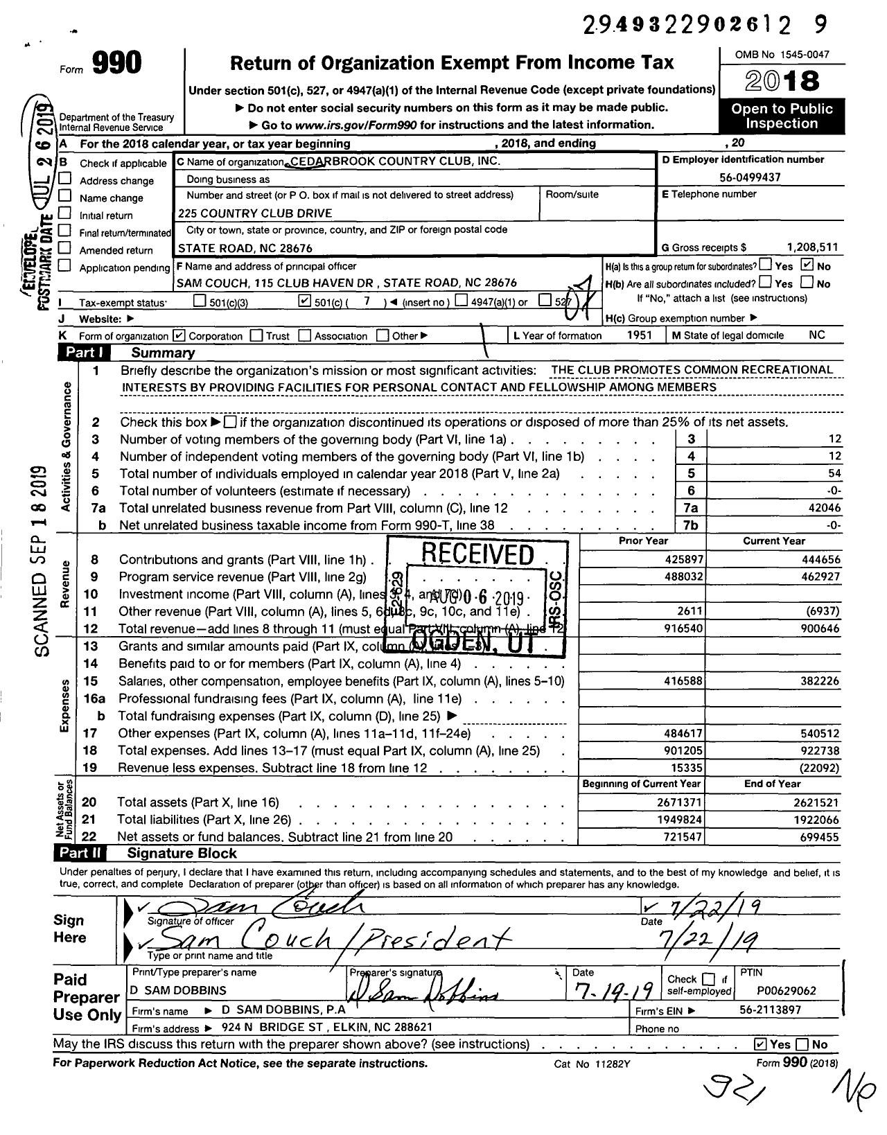 Image of first page of 2018 Form 990O for Cedarbrook Country Club