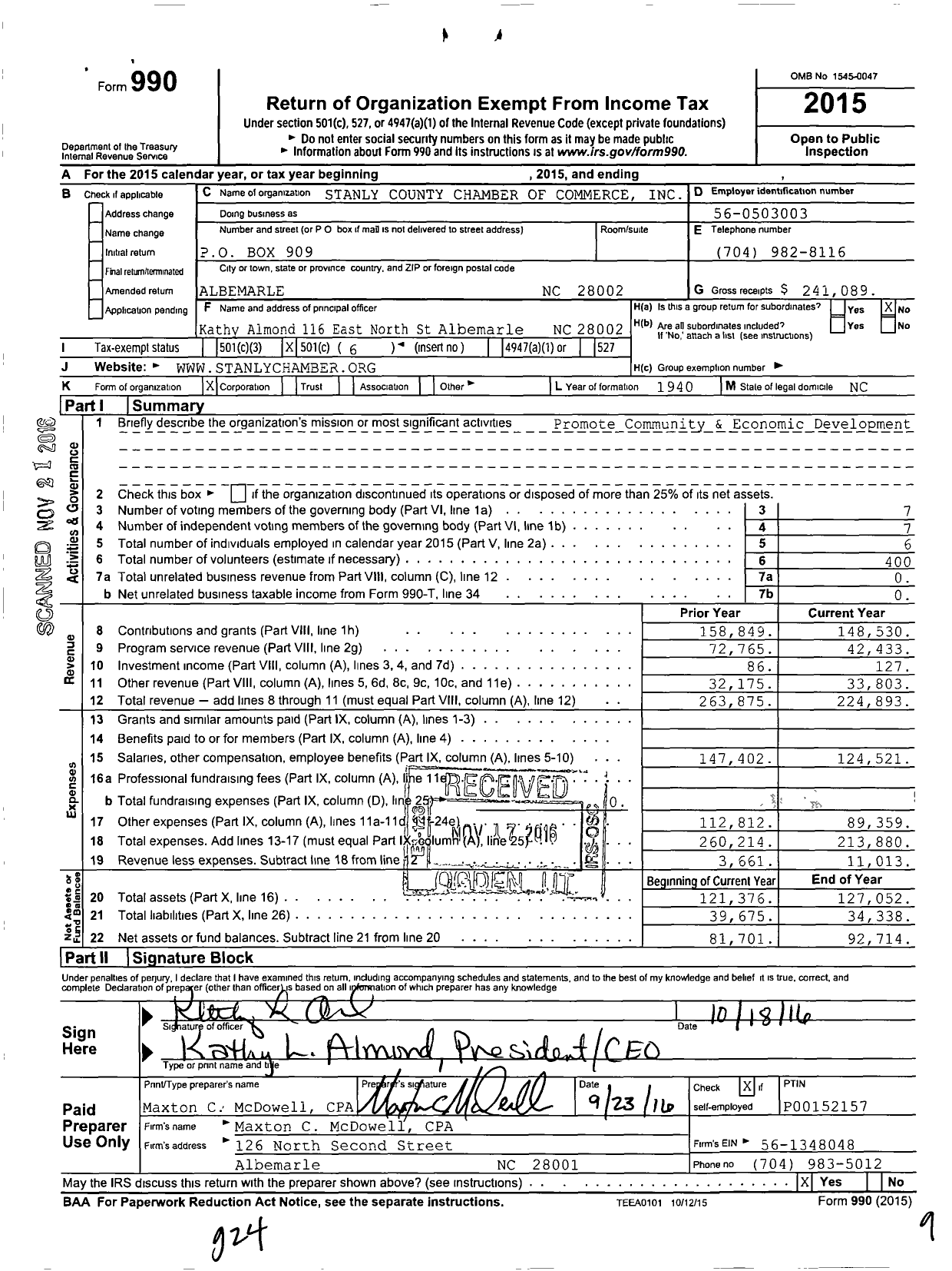 Image of first page of 2015 Form 990O for Stanly County Chamber of Commerce