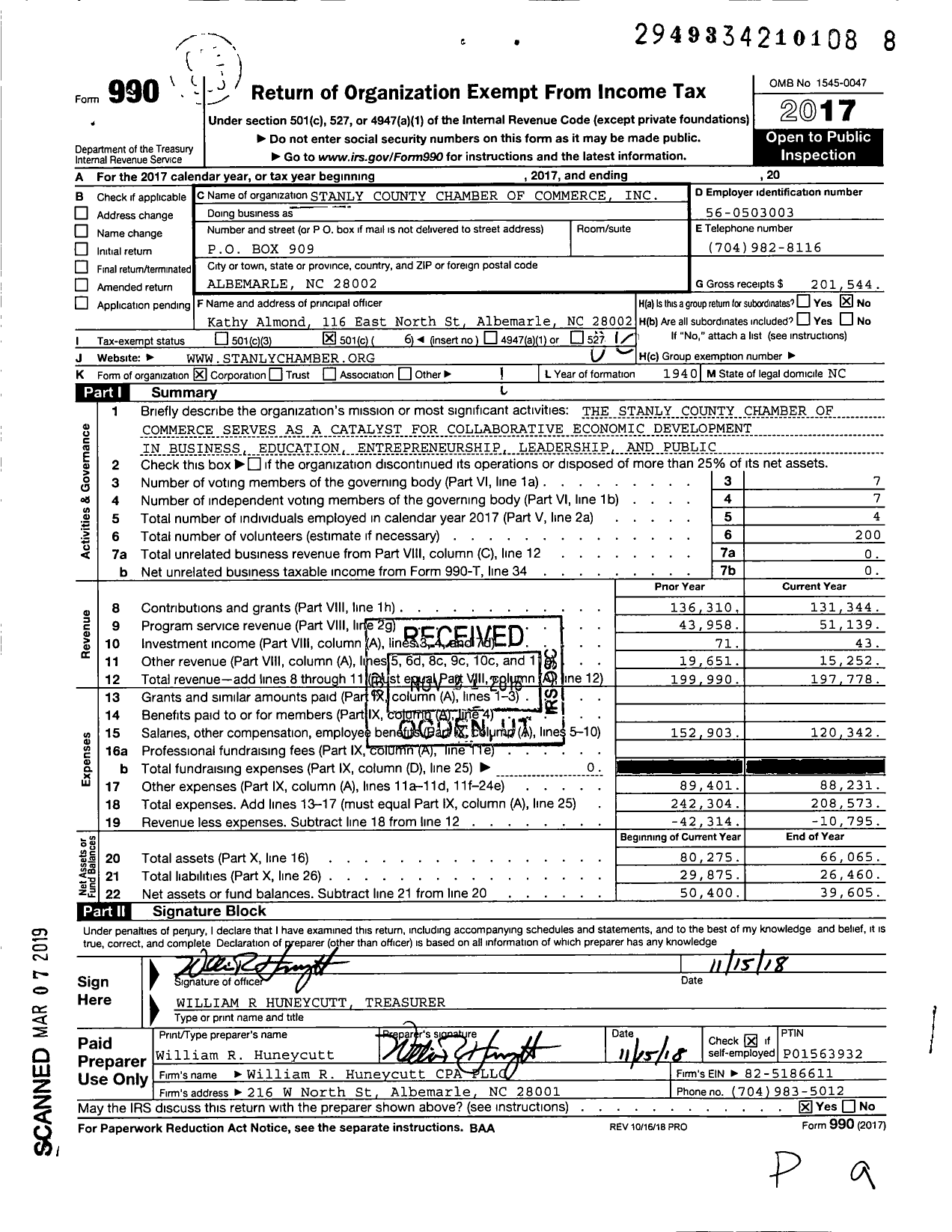 Image of first page of 2017 Form 990O for Stanly County Chamber of Commerce