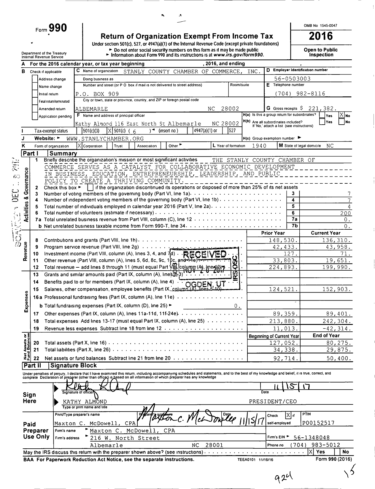 Image of first page of 2016 Form 990O for Stanly County Chamber of Commerce