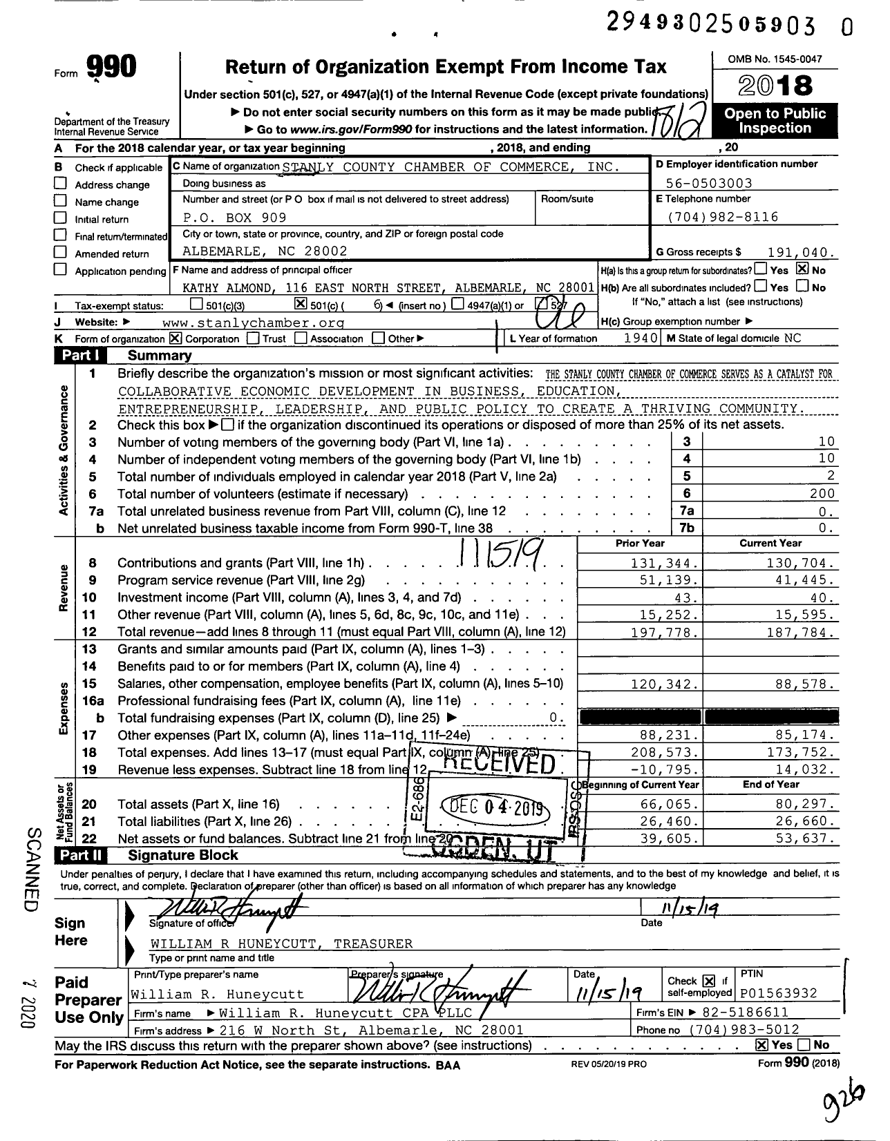 Image of first page of 2018 Form 990O for Stanly County Chamber of Commerce