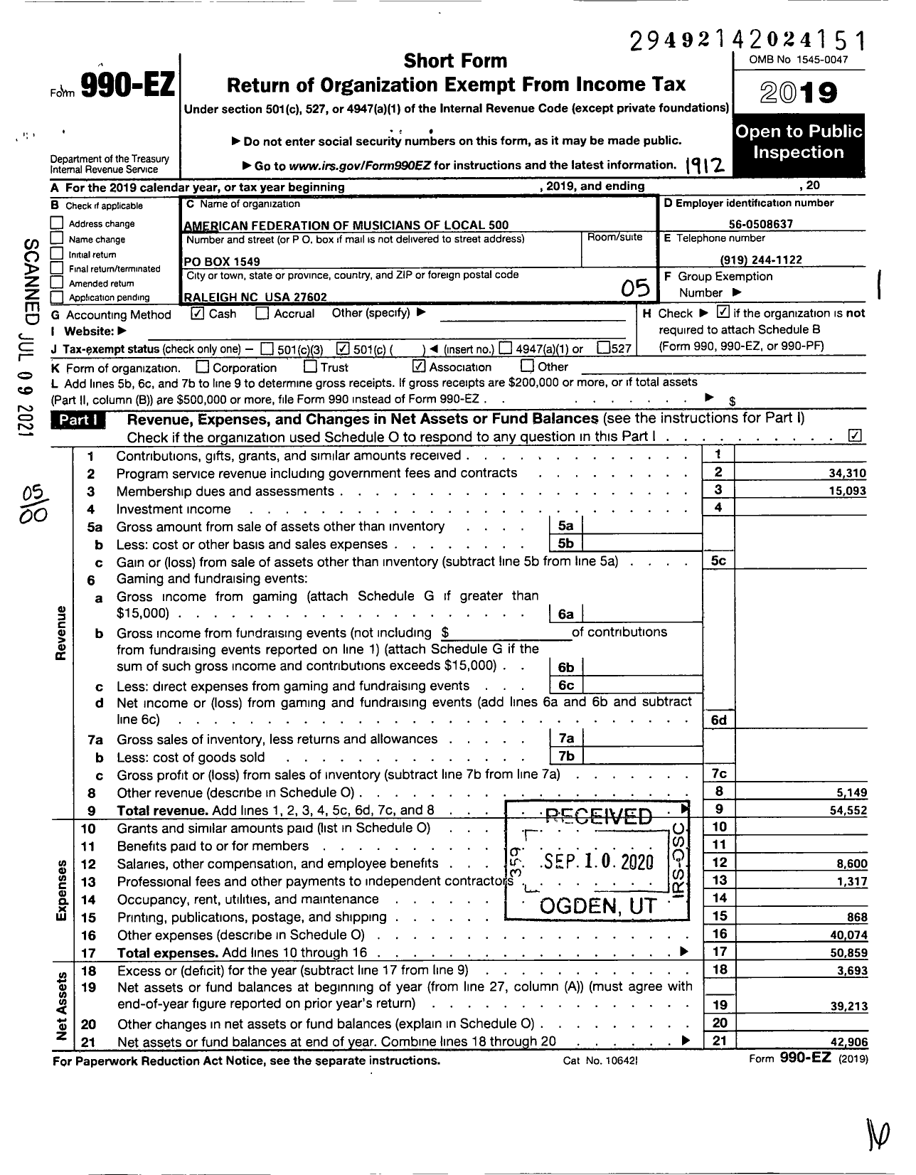 Image of first page of 2019 Form 990EO for American Federation of Musicians - 500 Local Raleigh