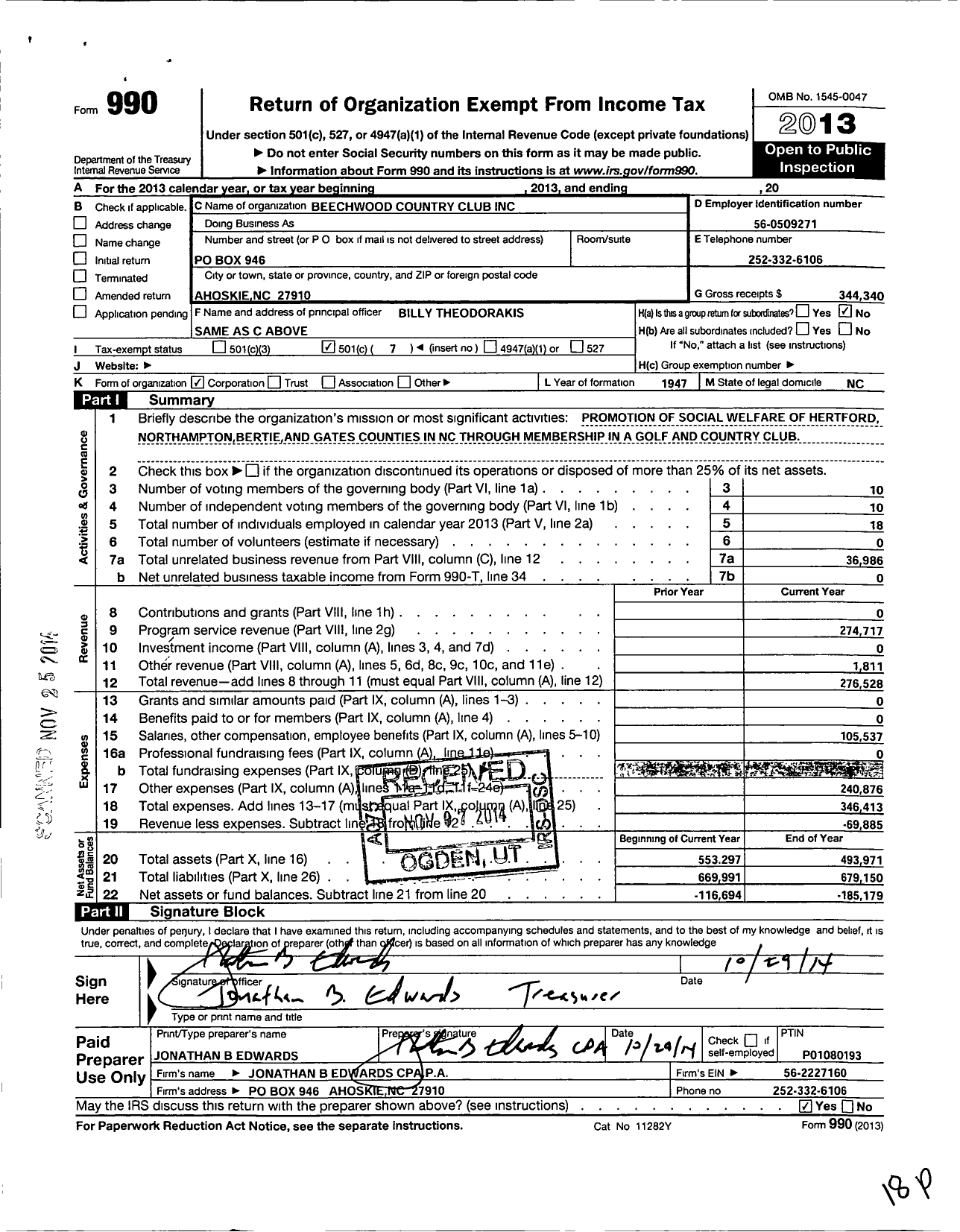 Image of first page of 2013 Form 990O for Beechwood Country Club
