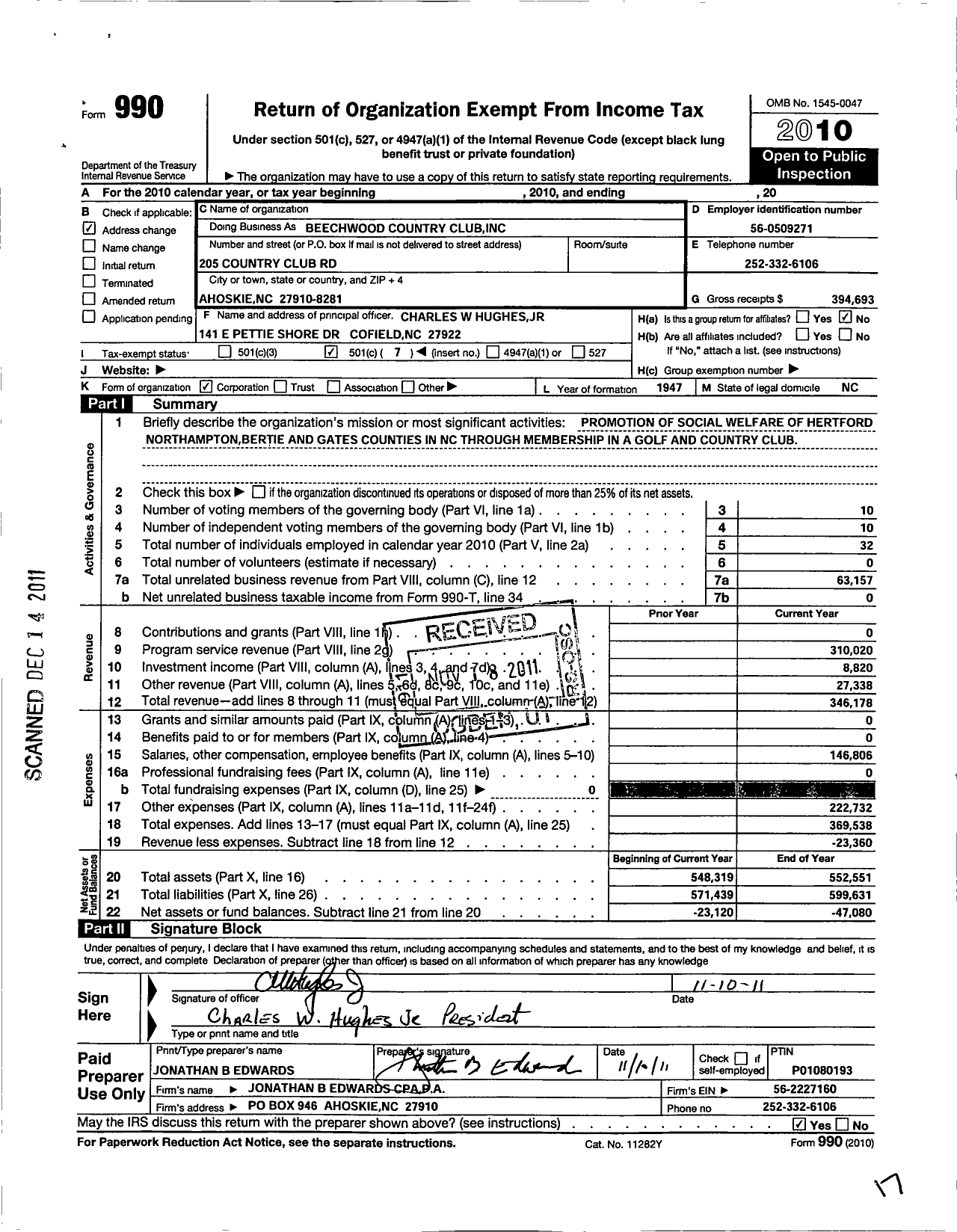 Image of first page of 2010 Form 990O for Beechwood Country Club