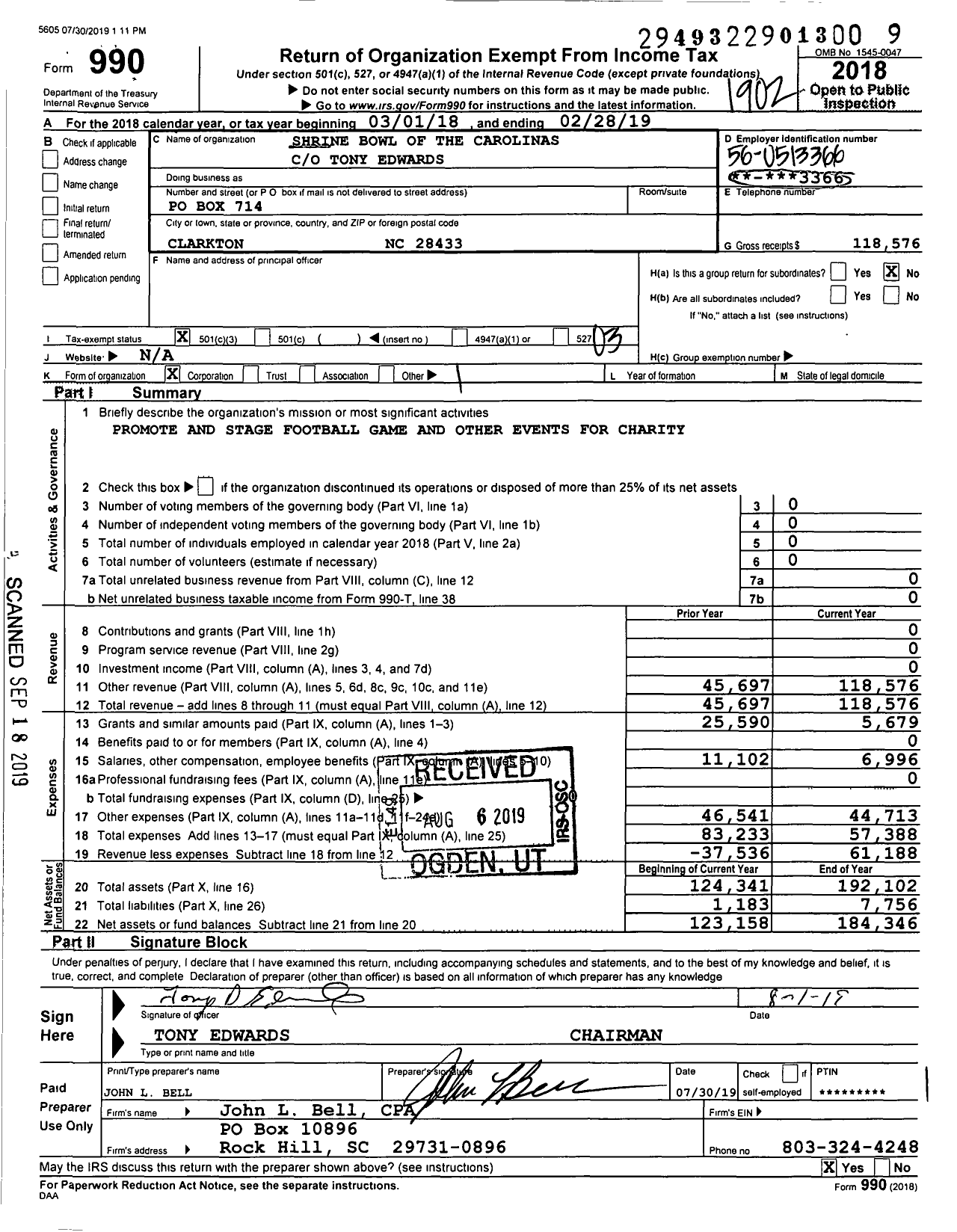 Image of first page of 2018 Form 990 for Shrine Bowl of the Carolinas