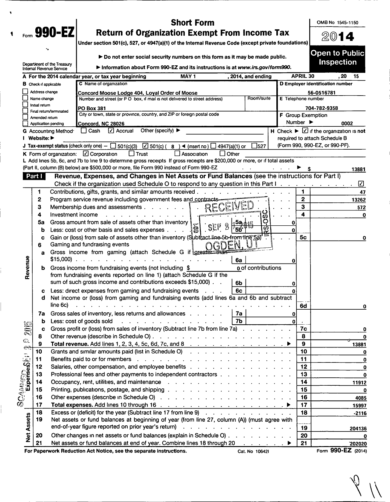 Image of first page of 2014 Form 990EO for Loyal Order of Moose - 404