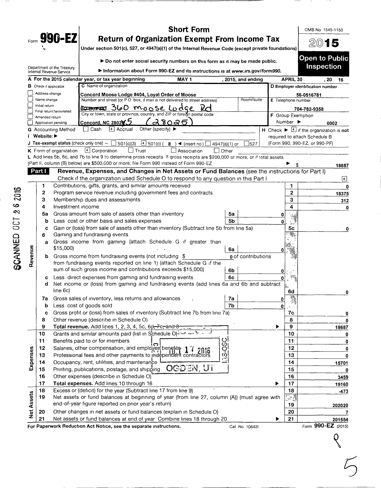 Image of first page of 2015 Form 990EO for Loyal Order of Moose - 404