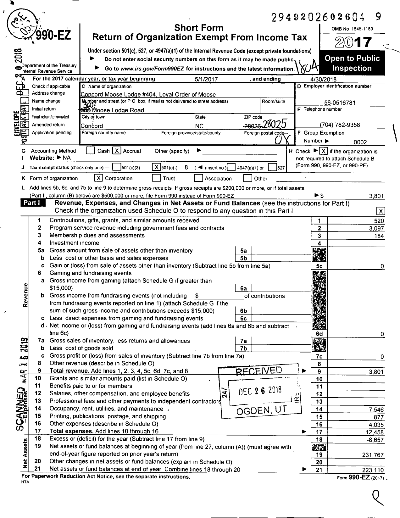 Image of first page of 2017 Form 990EO for Loyal Order of Moose - 404