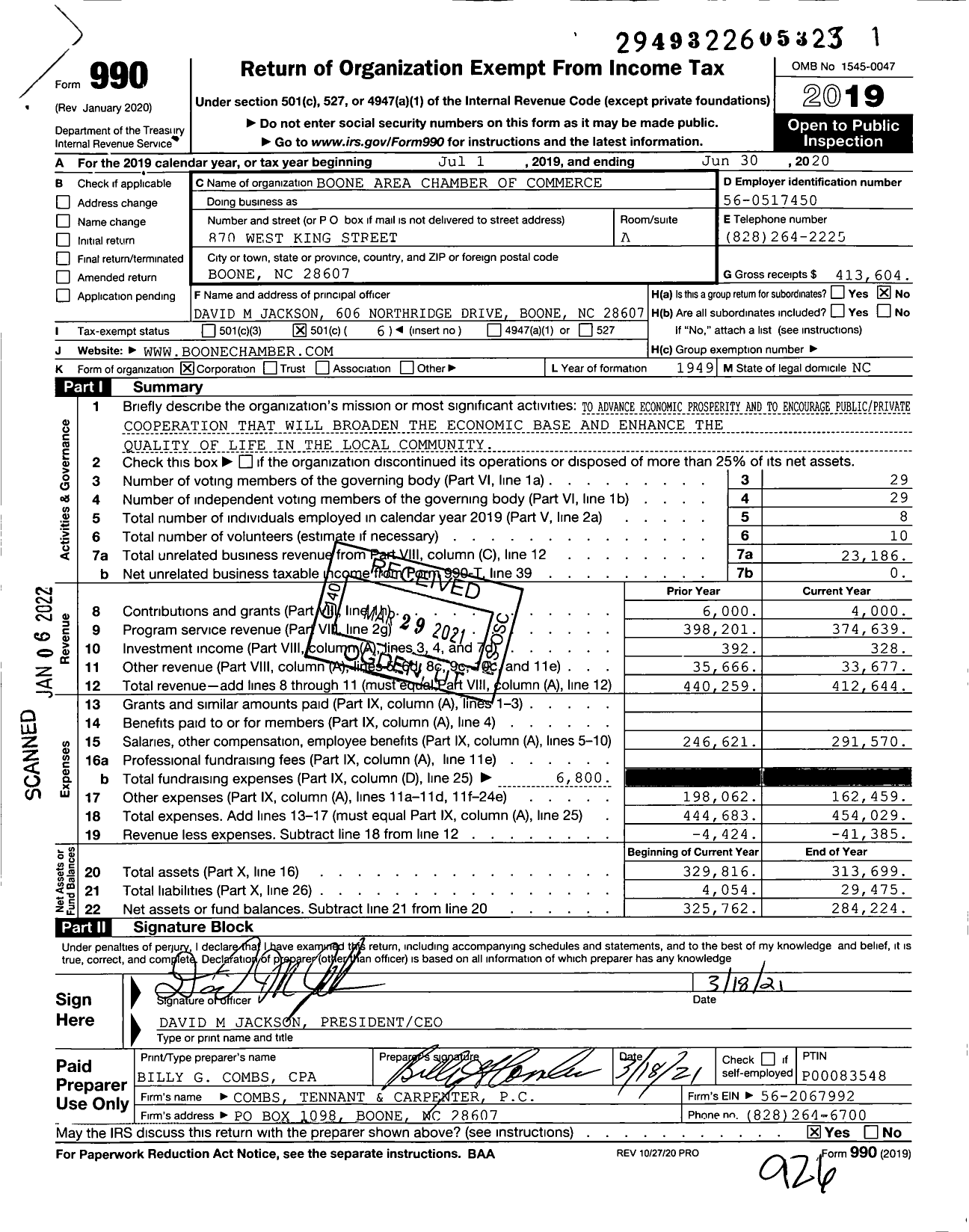 Image of first page of 2019 Form 990O for Boone Area Chamber of Commerce