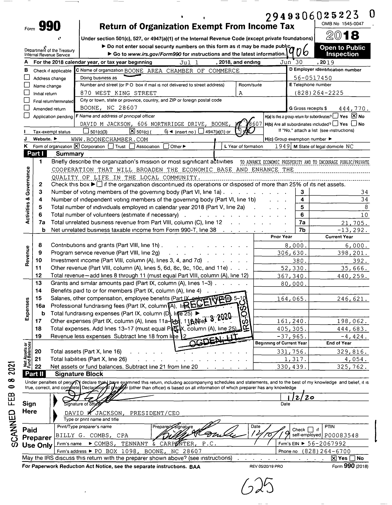 Image of first page of 2018 Form 990O for Boone Area Chamber of Commerce