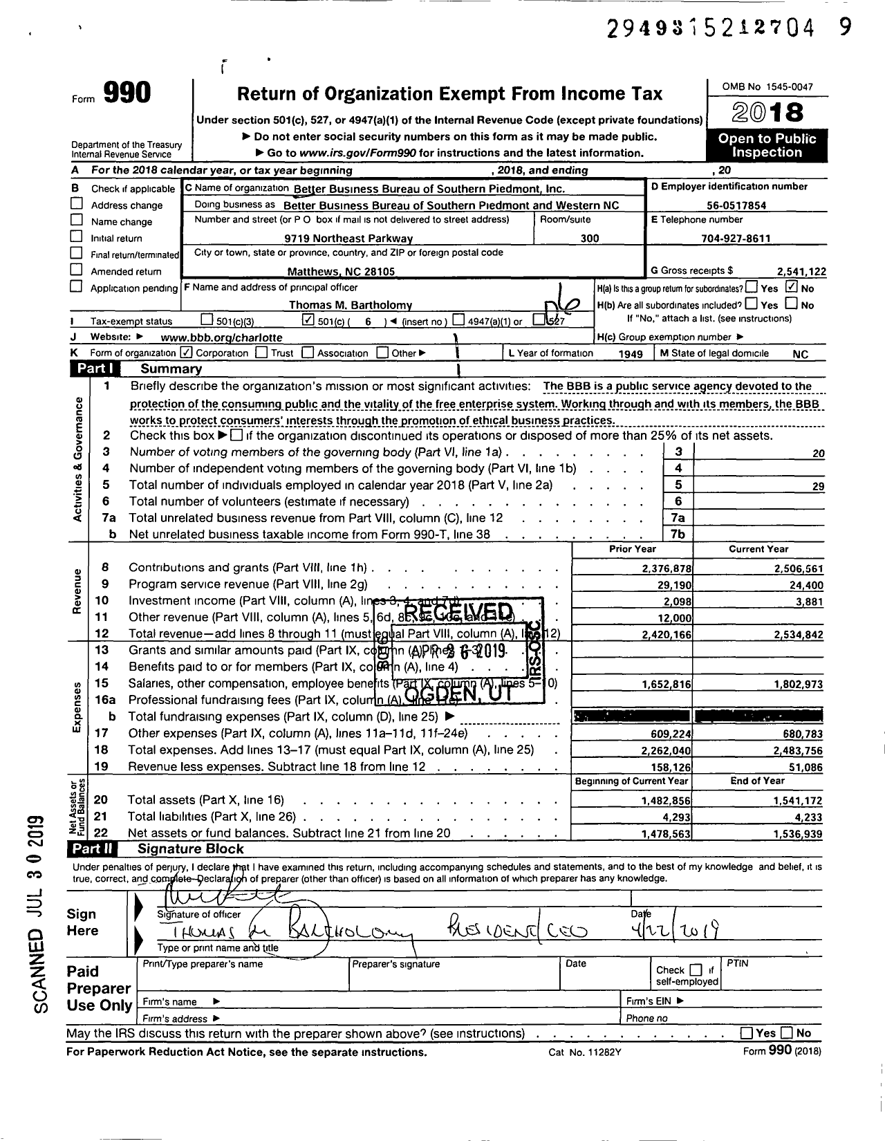Image of first page of 2018 Form 990O for Better Business Bureau of Southern Piedmont (BBB)
