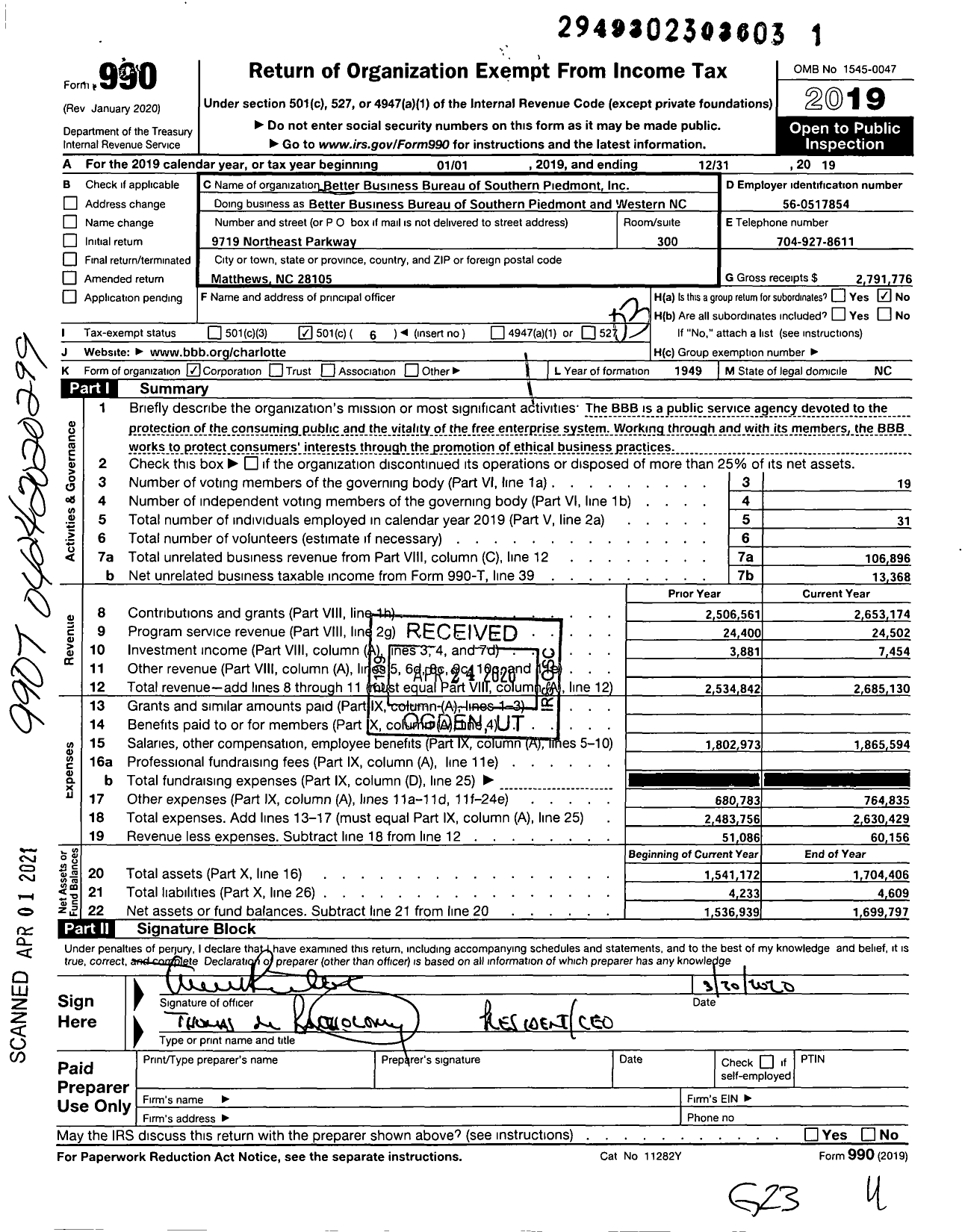 Image of first page of 2019 Form 990 for Better Business Bureau of Southern Piedmont (BBB)
