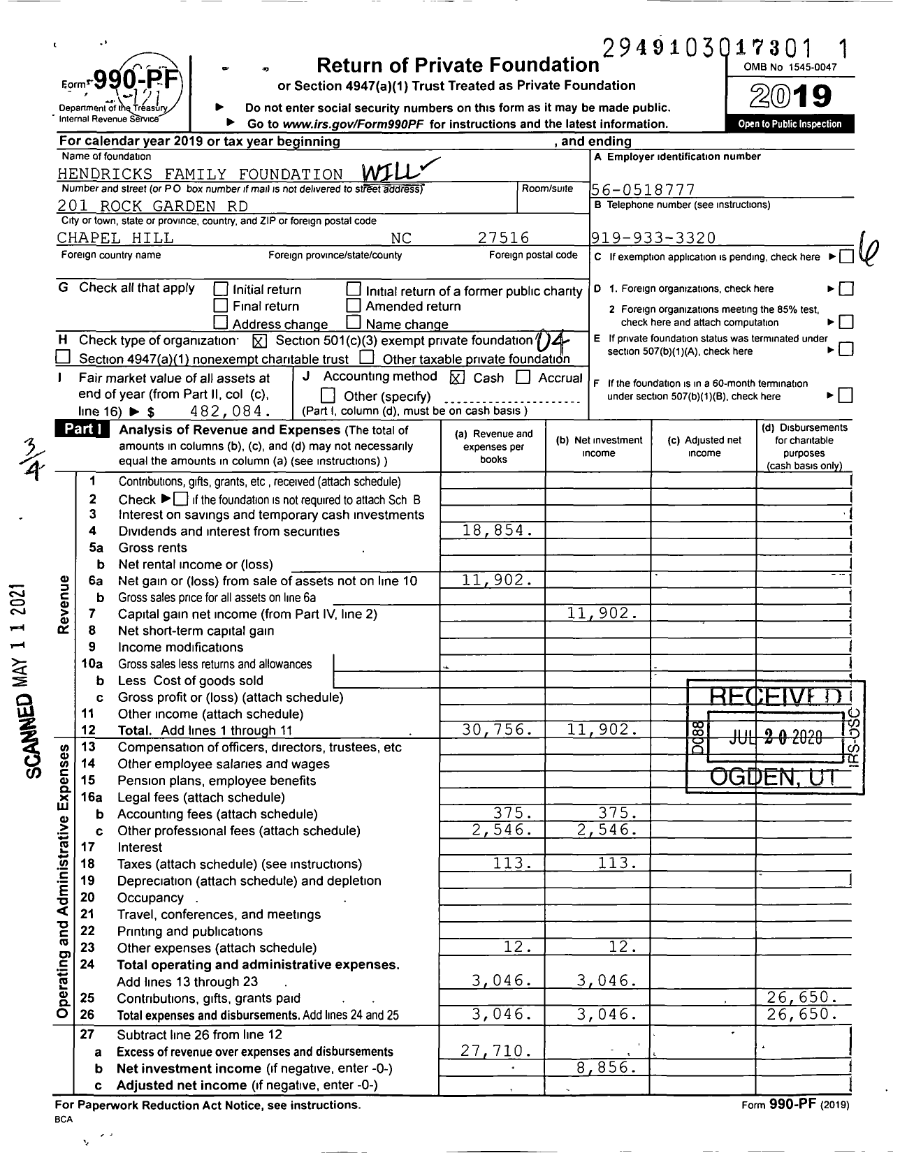 Image of first page of 2019 Form 990PF for William and Caywood Hendricks