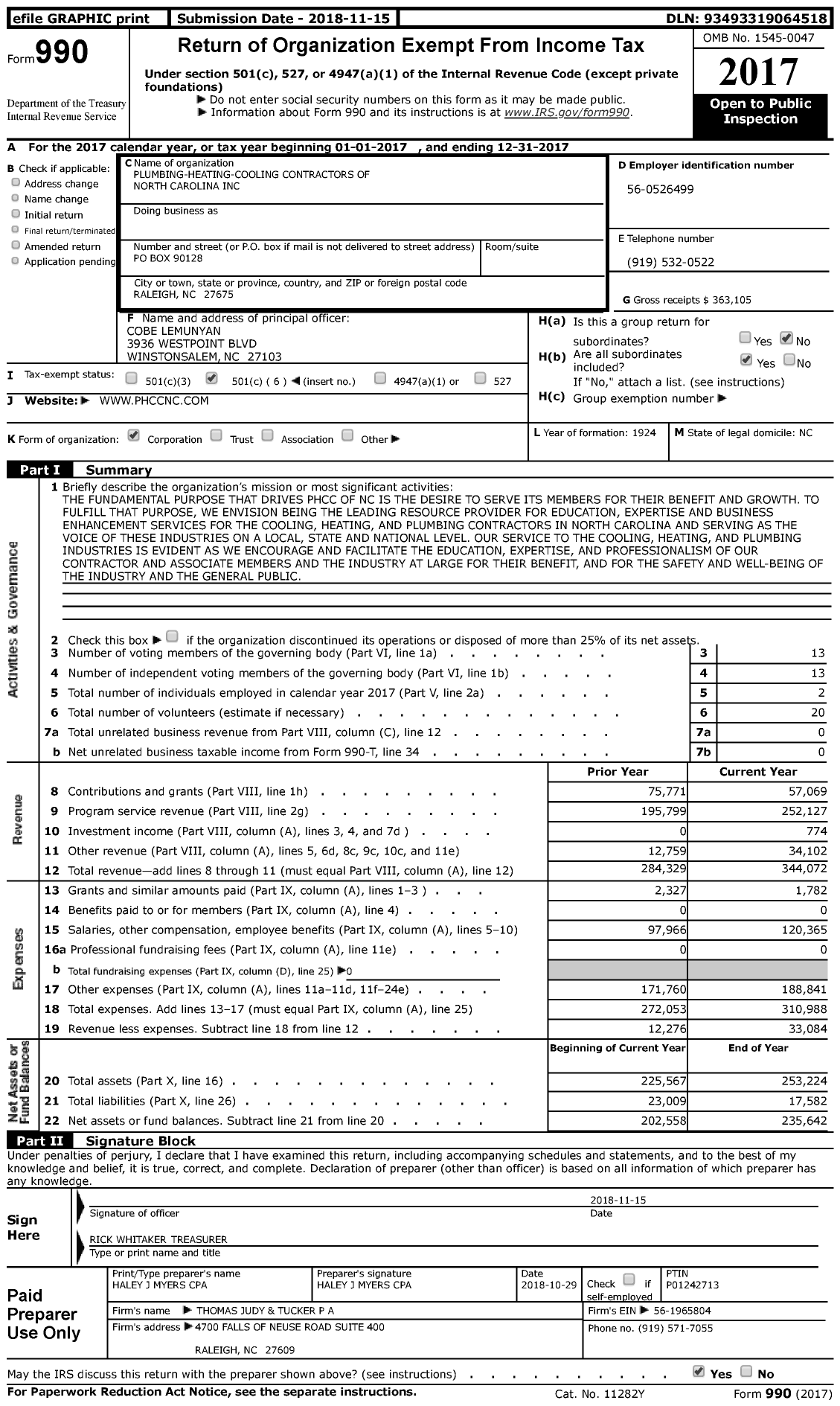 Image of first page of 2017 Form 990 for Plumbing-Heating-Cooling Contractors of North Carolina