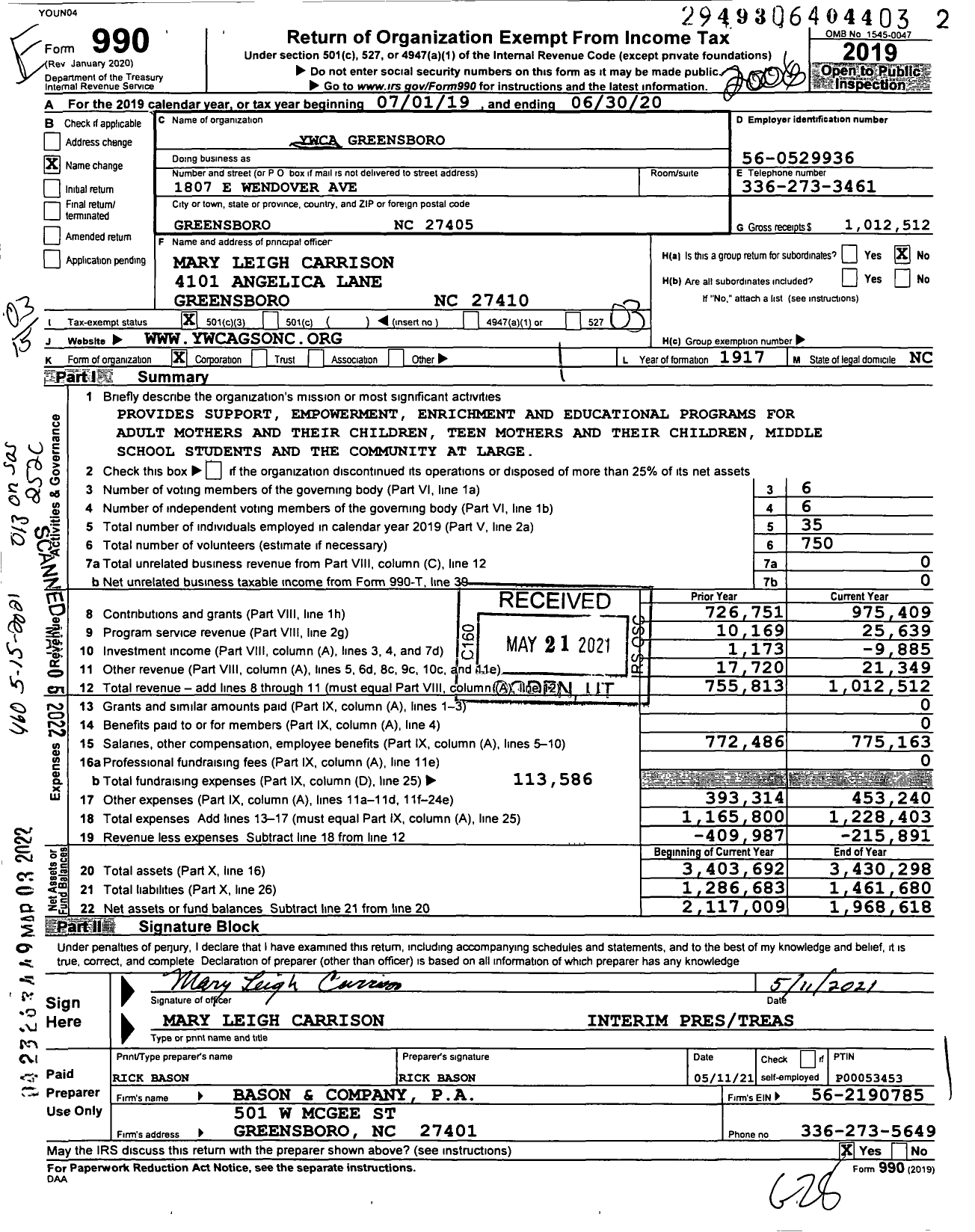 Image of first page of 2019 Form 990 for Ywca Greensboro