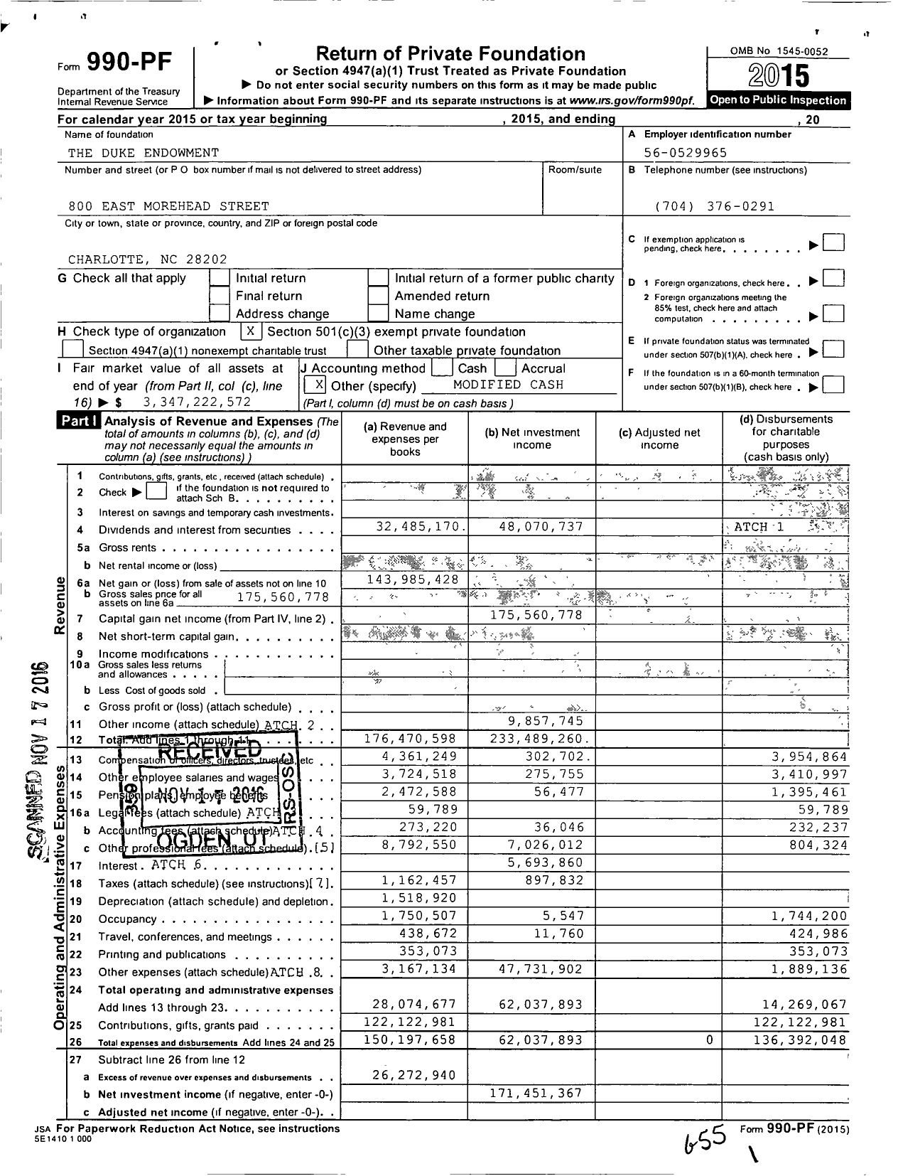 Image of first page of 2015 Form 990PF for Duke Endowment