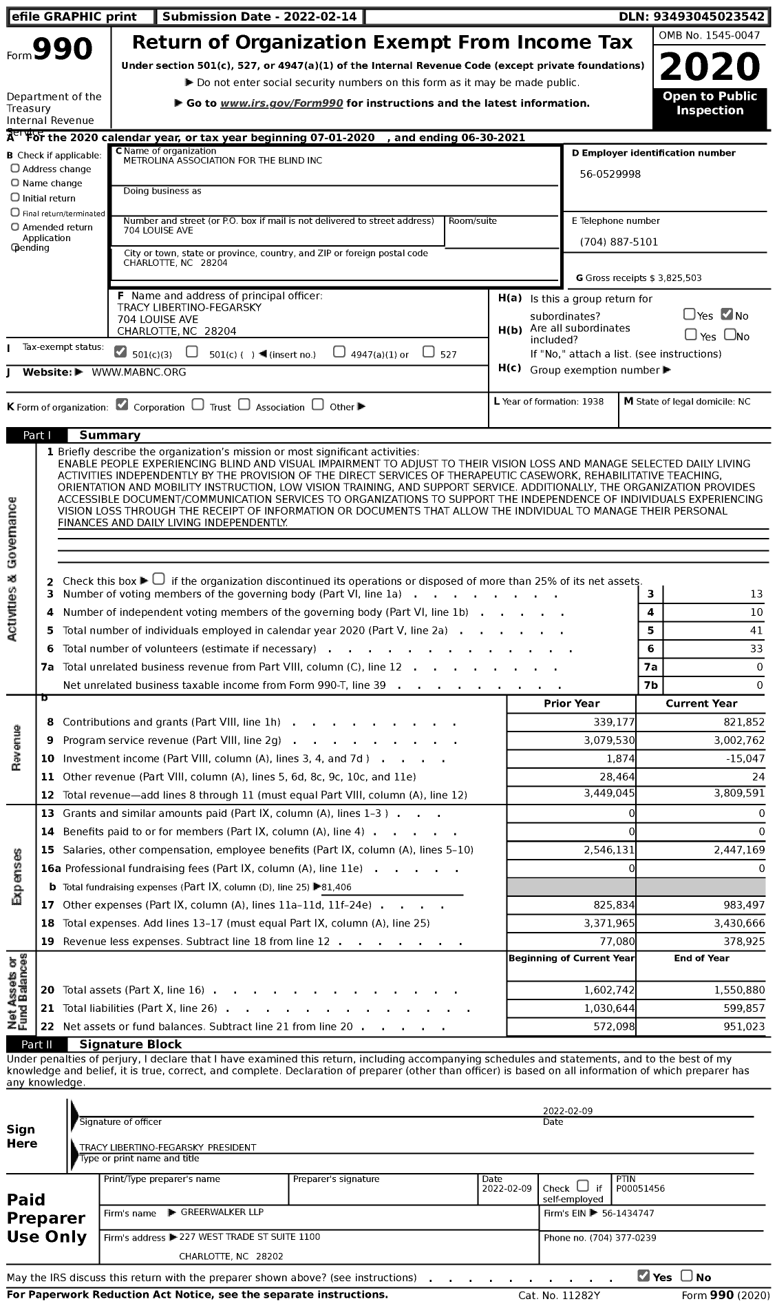 Image of first page of 2020 Form 990 for Metrolina Association for the Blind (MAB)