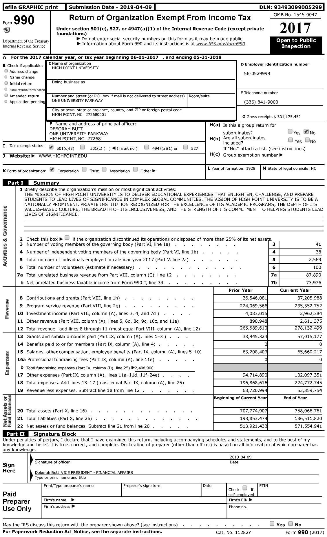 Image of first page of 2017 Form 990 for High Point University (HPU)