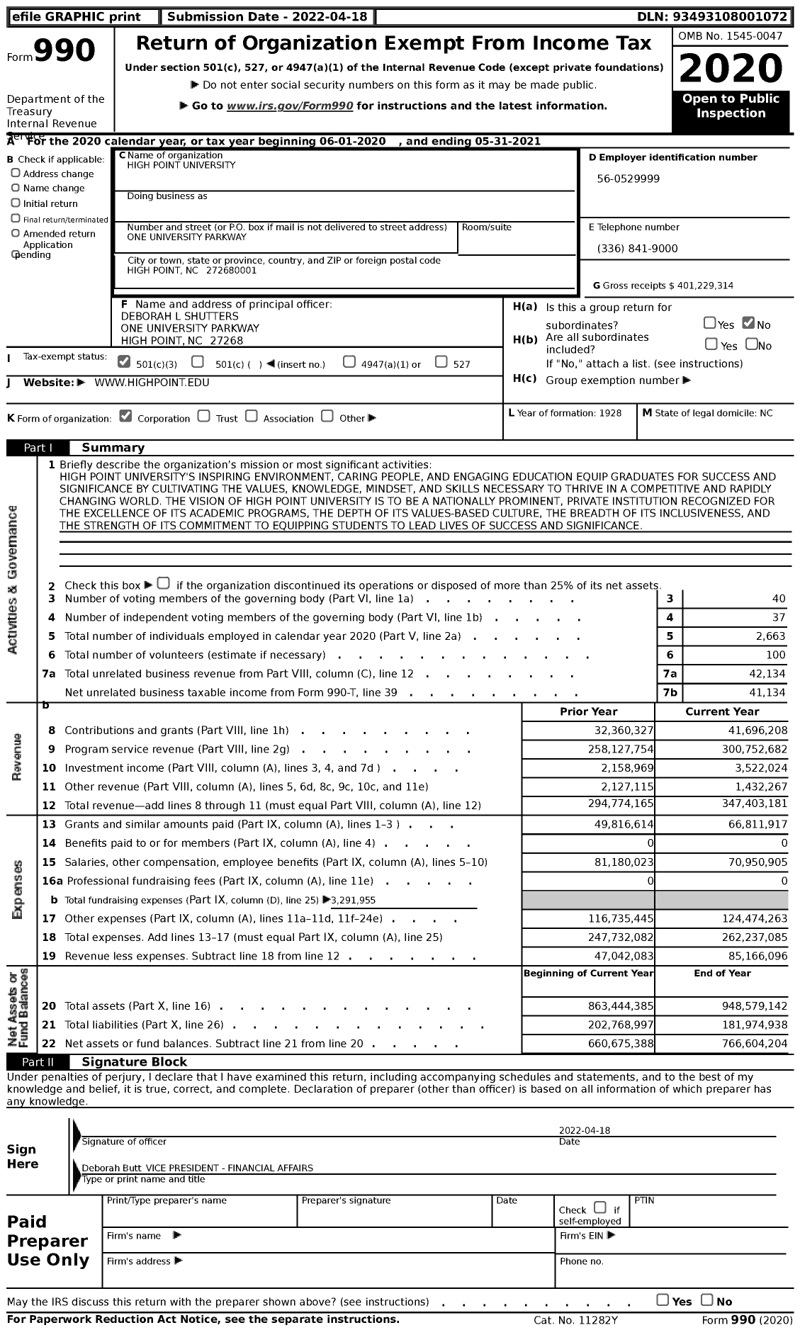Image of first page of 2020 Form 990 for High Point University (HPU)