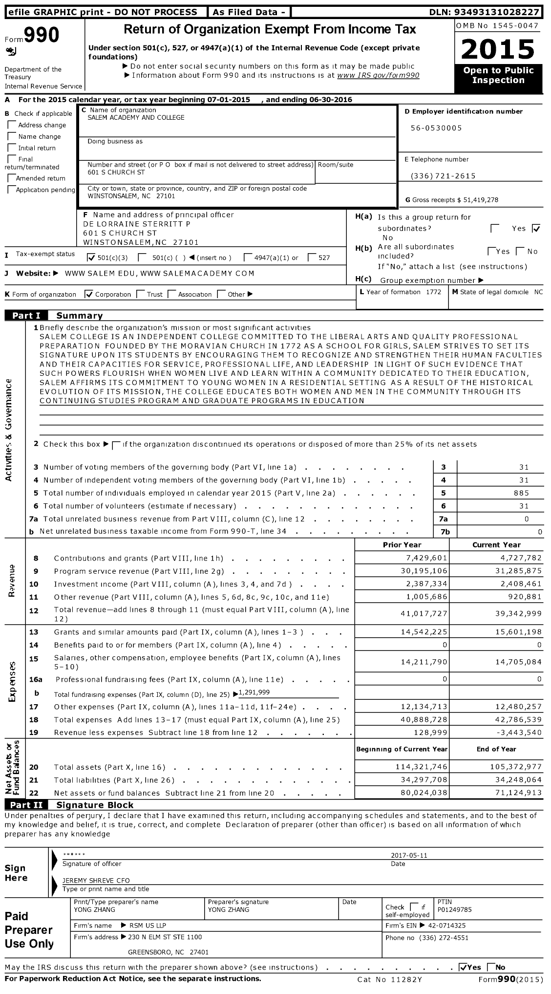 Image of first page of 2015 Form 990 for Salem Academy and College