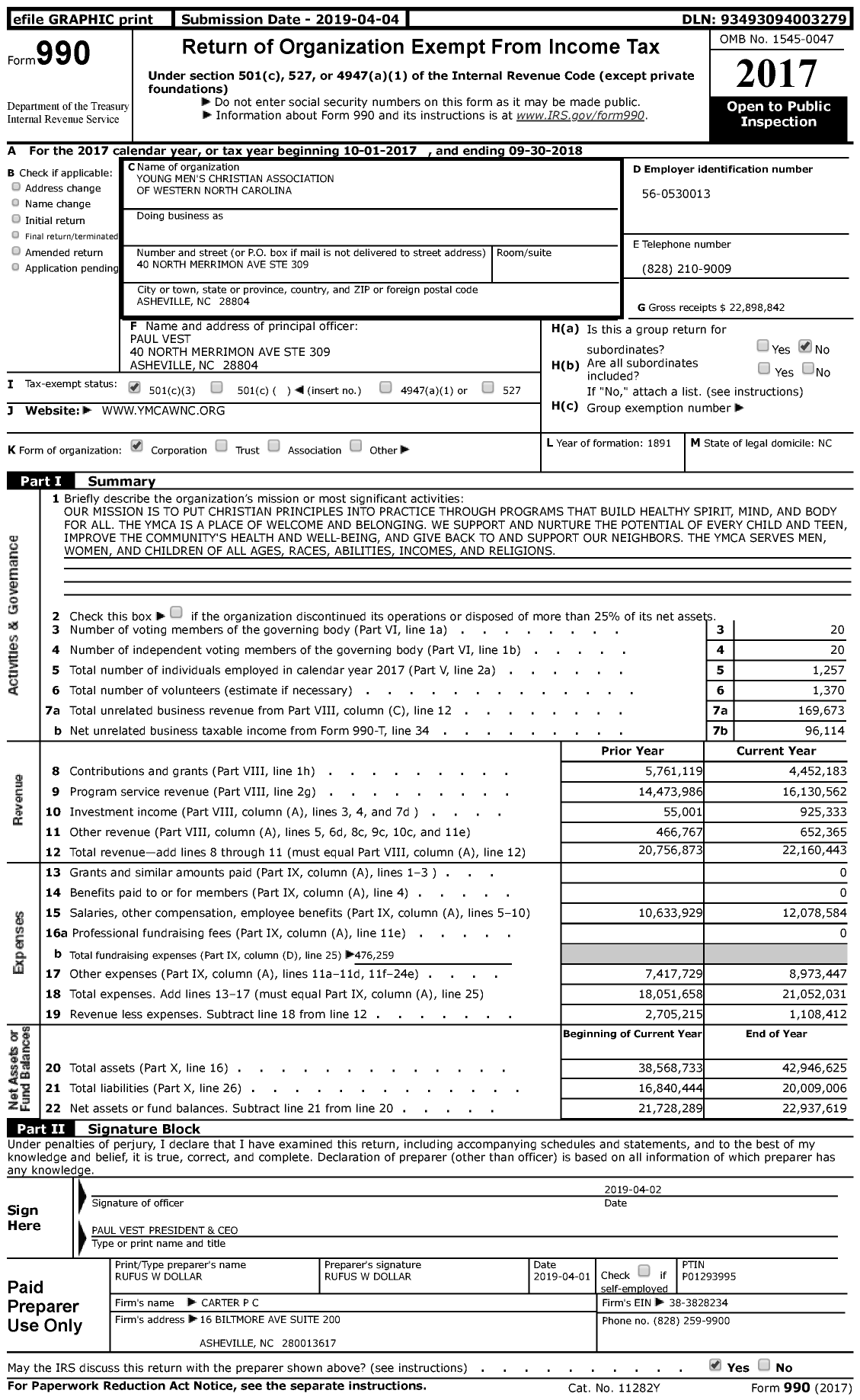 Image of first page of 2017 Form 990 for YMCA of Western North Carolina