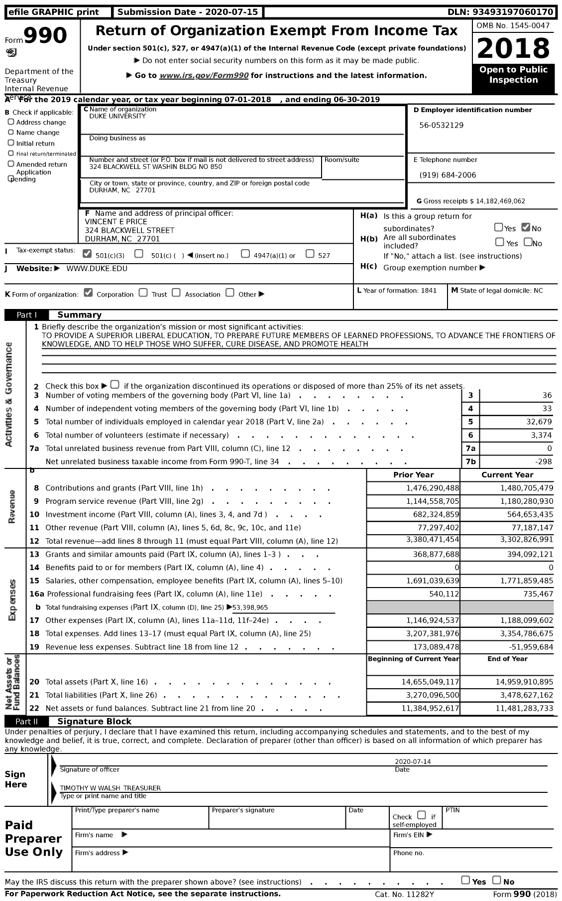 Image of first page of 2018 Form 990 for Duke University