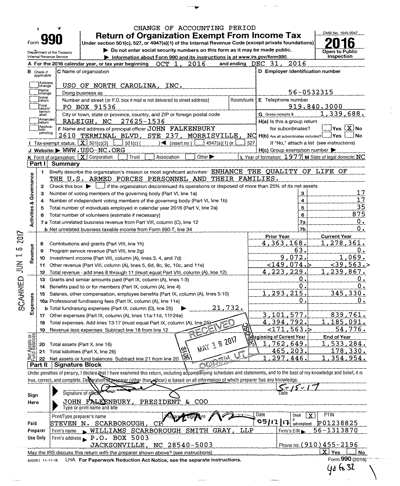 Image of first page of 2016 Form 990 for Uso of North Carolina