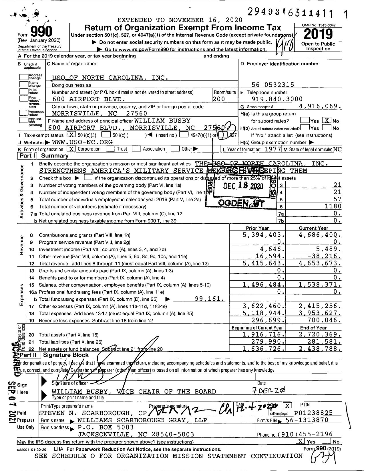 Image of first page of 2019 Form 990 for Uso of North Carolina