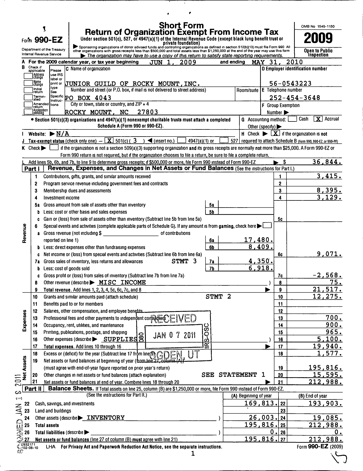 Image of first page of 2009 Form 990EZ for The Junior Guild of Rocky Mount N C