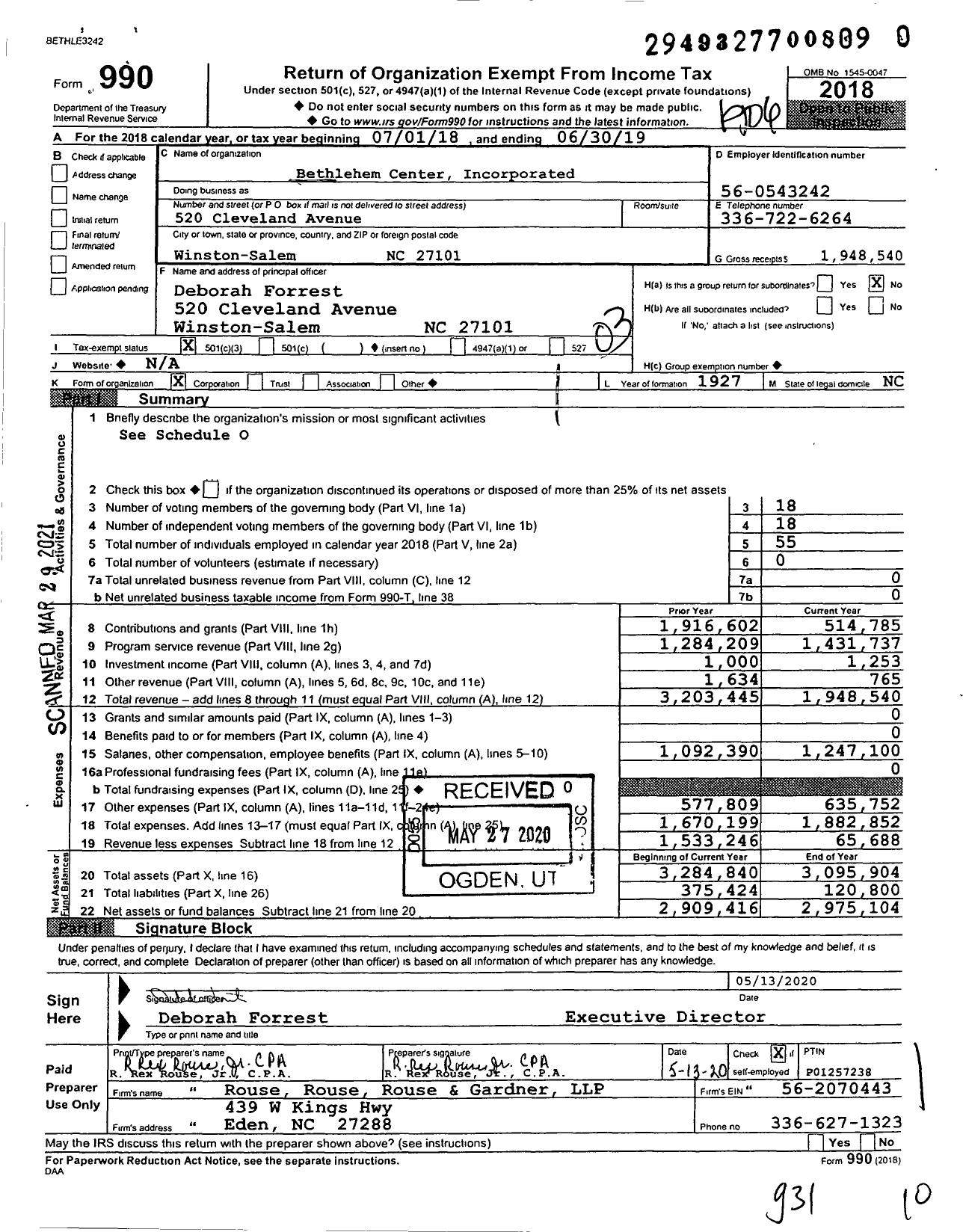 Image of first page of 2018 Form 990 for Bethlehem Center Incorporated